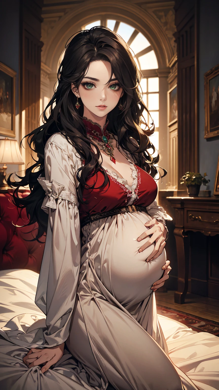  (masterpiece, Best quality, a high resolution, ultra detailed),(beautiful and aesthetically pleasing:1.2), 1 woman, adult woman, black wavy hair, green eyes, lethargic, gentle face,(slight smile:0.8), detailed eyes and face, perfect body, Whole body, Red lips, beautiful make-up, in Muumuu dress, in room, Soft lighting, Whole body, complex parts, cozy atmosphere, pregnancy 