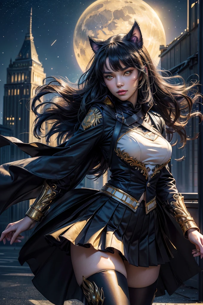 (masterpiece,stunning girlfriend, (standing:1.1), dynamic pose, heart shaped face, elegant face, beautiful face, highly detailed face, highly detailed skin, skin pores, subsurface scattering, realistic pupils, looking at viewer, full lips, detailed background, depth of field, atmospheric perspective, volumetric lighting, sharp focus, absurdres, realistic proportions, good anatomy, (realistic, hyperrealistic:1.4), 16k hdr, (masterpiece, best quality),  intricate details, 1girl,   blake_belladonna, gmuniform, pleated skirt, blue thighhighs,  black and gold uniform, standing on rooftop, city, night, stars, moon, streetlights