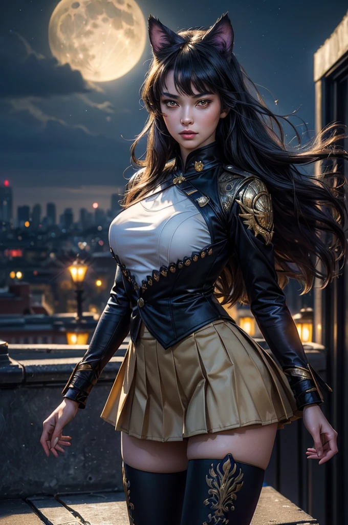 (masterpiece,stunning girlfriend, (standing:1.1), dynamic pose, heart shaped face, elegant face, beautiful face, highly detailed face, highly detailed skin, skin pores, subsurface scattering, realistic pupils, looking at viewer, full lips, detailed background, depth of field, atmospheric perspective, volumetric lighting, sharp focus, absurdres, realistic proportions, good anatomy, (realistic, hyperrealistic:1.4), 16k hdr, (masterpiece, best quality), intricate details, 1girl, blake_belladonna, gmuniform, pleated skirt, blue thighhighs, black and gold uniform, standing on rooftop, city, night, stars, moon, streetlights