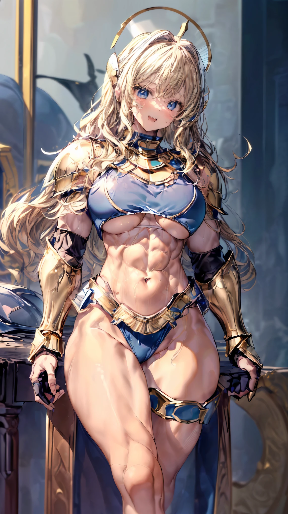 (Adult women:1.5)、Very detailed、highest quality、Best image quality、masterpiece、8k、Anime Face、A kind smile、(Open your mouth:1.5)、Sparkling blue eyes、(Blonde Wavy Hair:1.5)、、Muscles of the whole body、(High leg:1.5)、(Thigh belt:1.5)、(Wearing gold bikini armor:1.5)、(Cowboy Shot:1.5)、(Leg armor:1.5)、(Wearing a helmet:1.5)