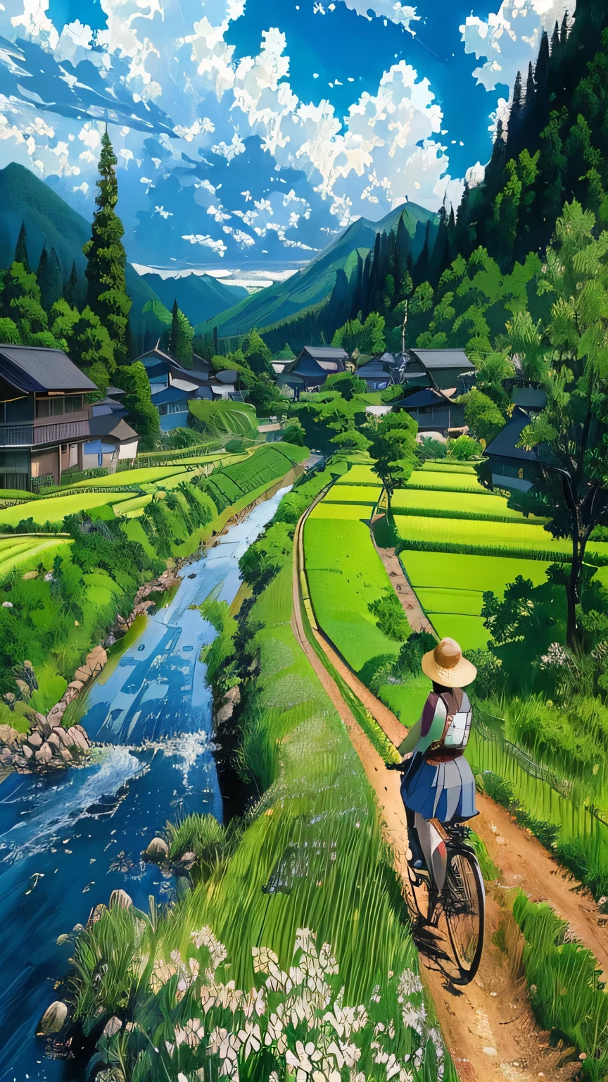 a painting of a woman riding a bike down a dirt road, anime countryside landscape, countryside in japan, japanese countryside, japan rural travel, rural japan, japanese rural town, by Naondo Nakamura, scenery art detailed, hasui kwase, scenery artwork, hiroya oku painterly, heroine japan vivid landscape, beautiful anime scenery, by Kawase Hasui