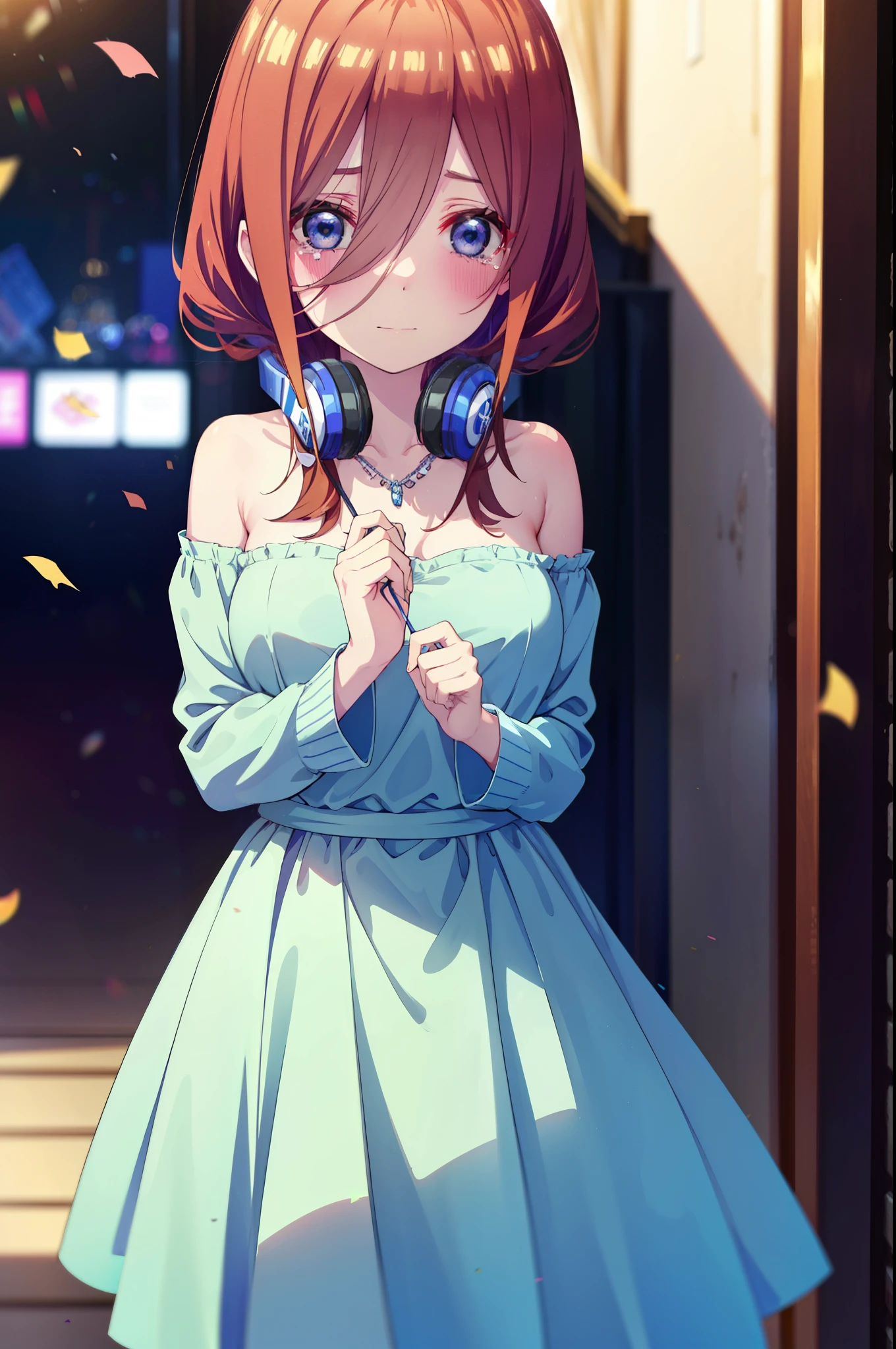 Miku Nakano, Miku Nakano, Long Hair, bangs, Brown Hair, shirt, Hair between the eyes, cardigan, Headphones around neck,tiara,Star Hair Ornament,smile,blush,Blue Dress,Long skirt,Red Pin Heel,No sleeve,Expose your shoulders,Bare arms,Bare neck,bare clavicle,Heart Necklace,Tears stream down her face,Tears of joy,I cry a lot,holding a large bouquet of flowers in each hand,Confetti,There is a birthday cake on the table,
break indoors, on stage,venue,
break looking at viewer, (Cowboy Shot:1.5),
break (masterpiece:1.2), highest quality, High resolution, unity 8k wallpaper, (shape:0.8), (Beautiful details:1.6), Highly detailed face, Perfect lighting, Highly detailed CG, (Perfect hands, Perfect Anatomy),