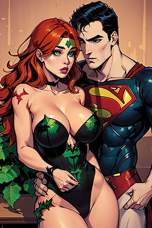 (((Poison Ivy))), (((Superman))), High quality, best quality, masterpiece, (1boy1 1girl), (hetero:1.5), woman, curves, long wavy redhead hair, green eyes. cleavaoman wearing strapless black leotard))), reverse suspended congress, legs spread