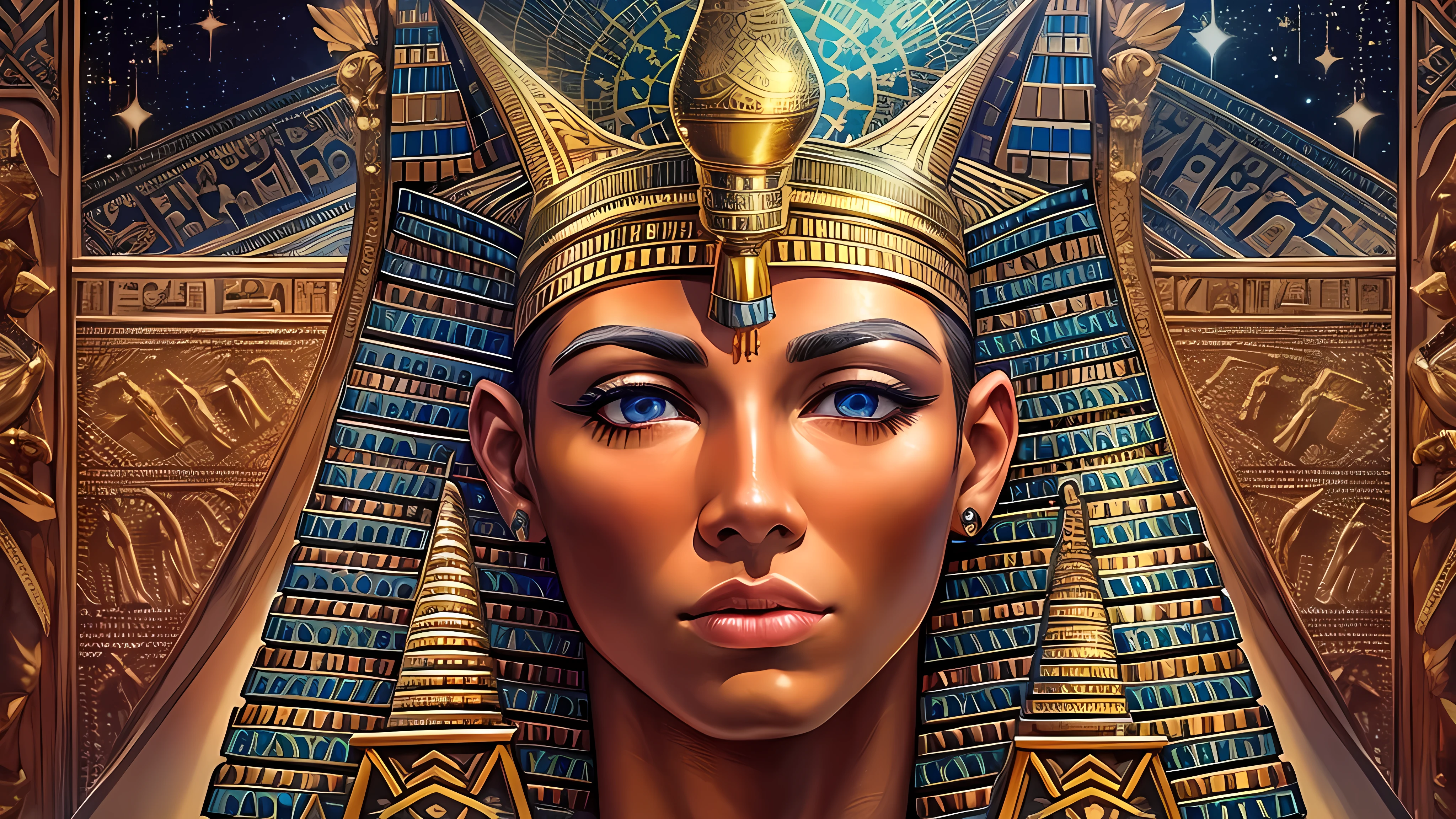 egyptian god,pyramids of egypt in the background,medium:oil painting,grandiose,awe-inspiring,mythological deity,ethereal,gleaming golden skin,fierce and regal expression,elaborate crown,jeweled accessories,ancient hieroglyphs,nighttime atmosphere,dazzling stars and constellations,mysterious and magical,subtle glow of moonlight,best quality,ultra-detailed,realistic,rich and vibrant colors,majestic and monumental,soft, warm lighting.
