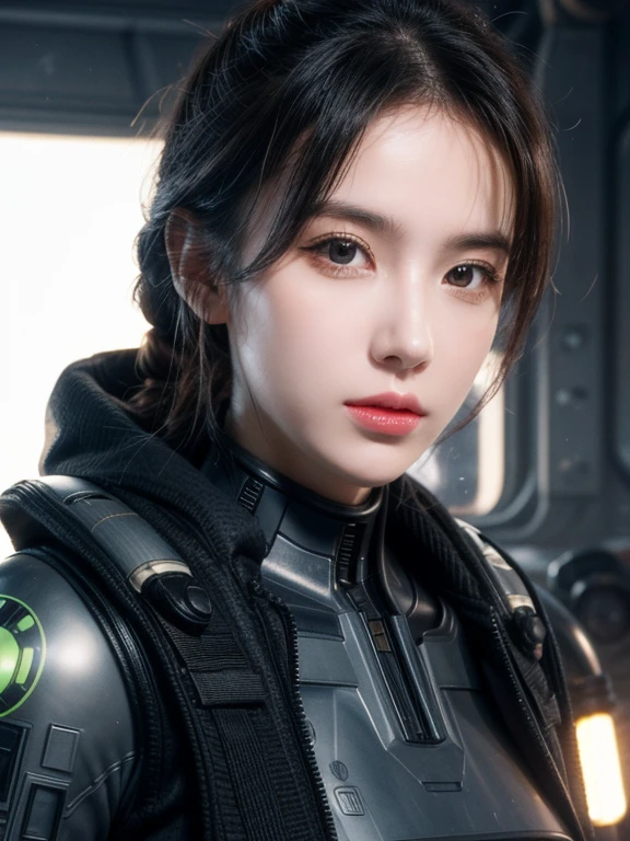 solo, solo focus, masterpiece close-up portrait of a woman wearing tactical gear in a tatooine building, light rays, caustics, mechanical parts, wiring, droid, metal jaw