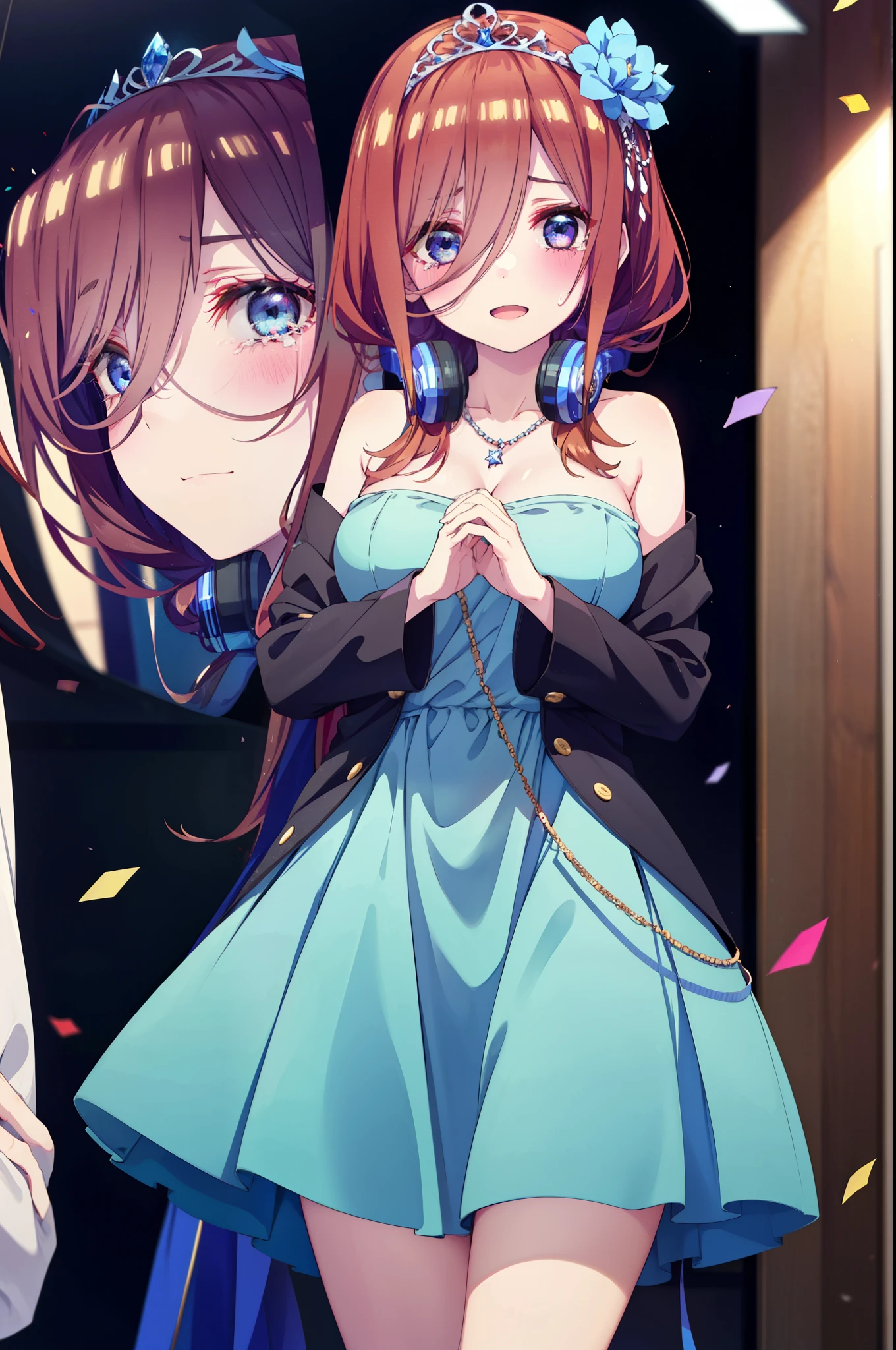 Miku Nakano, Miku Nakano, Long Hair, bangs, Brown Hair, shirt, Hair between the eyes, cardigan, Headphones around neck,tiara,Star Hair Ornament,smile,blush,Blue Dress,Long skirt,Red Pin Heel,No sleeve,Expose your shoulders,Bare arms,Bare neck,bare clavicle,Heart Necklace,Tears stream down her face,Tears of joy,I cry a lot,holding a large bouquet of flowers in each hand,Confetti,There is a birthday cake on the table,
break indoors, on stage,venue,
break looking at viewer, (Cowboy Shot:1.5),
break (masterpiece:1.2), highest quality, High resolution, unity 8k wallpaper, (shape:0.8), (Beautiful details:1.6), Highly detailed face, Perfect lighting, Highly detailed CG, (Perfect hands, Perfect Anatomy),