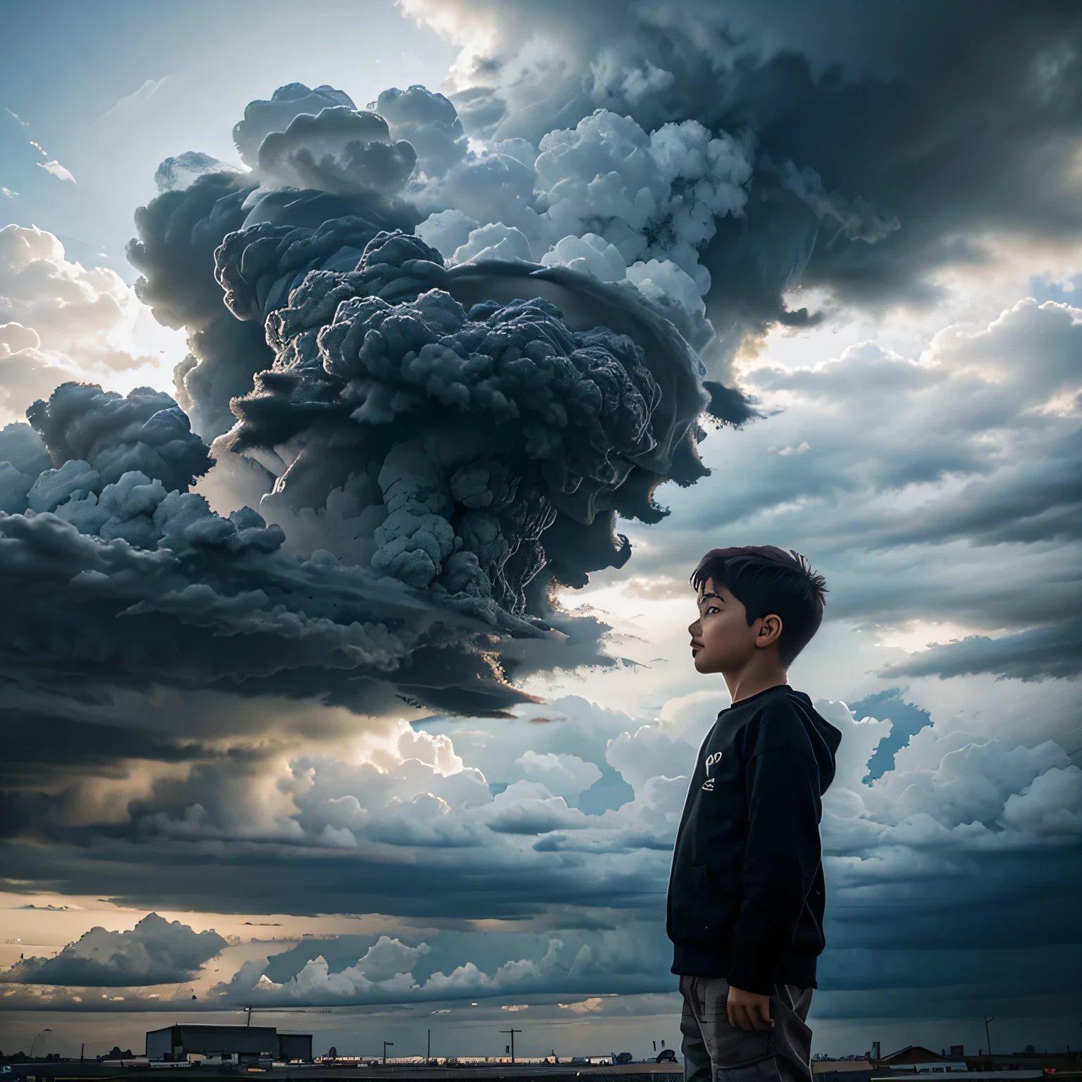 Sky with black cloud beside a boy standing and seeimg the cloud and bulding falling