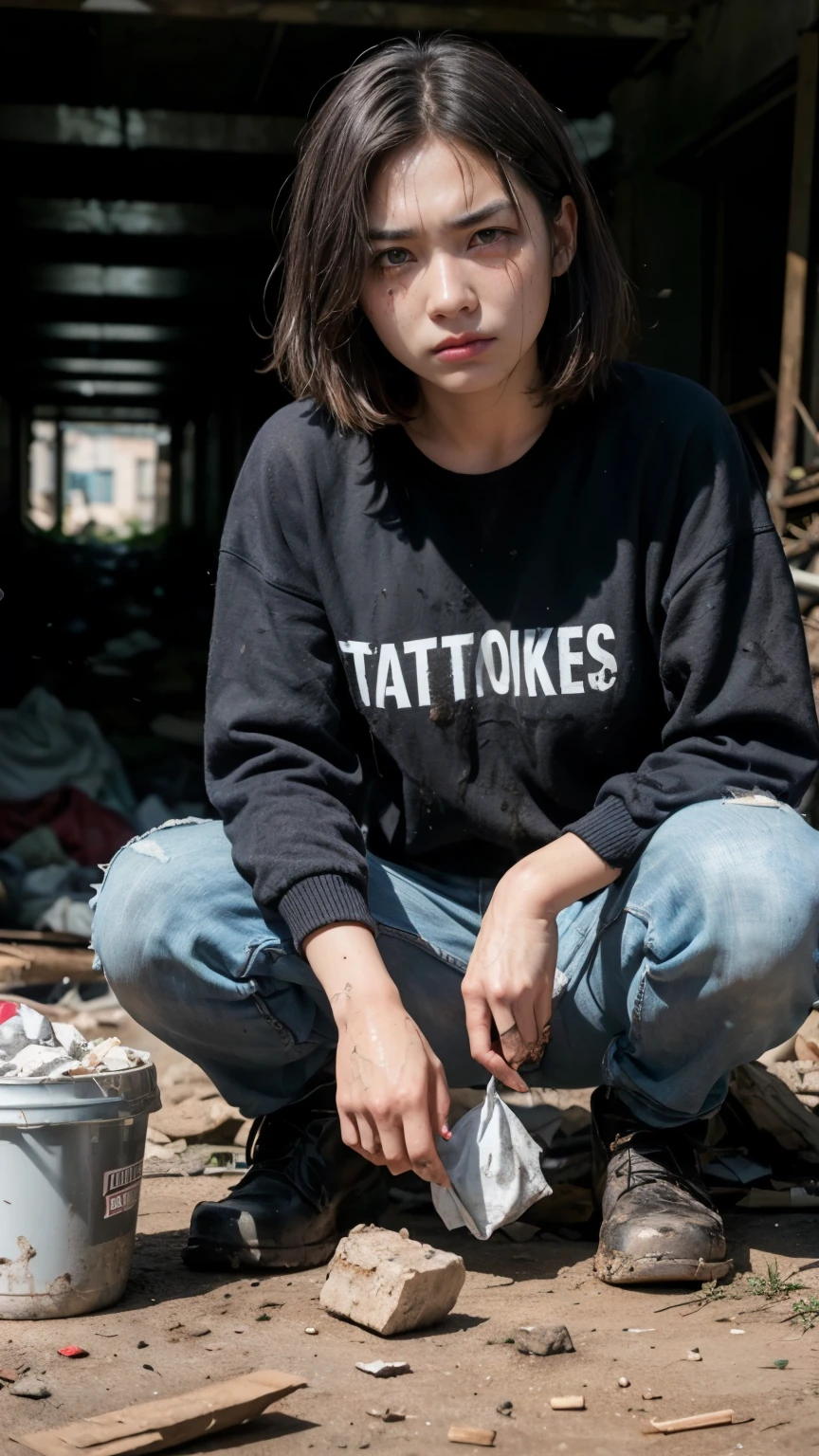 Eating with relish,aespakarina,Bobcut,Beggar,beggar,(((Homeless))),in abandoned style room,Crouching,Bad complexion,Dirty,Full of trash,Korean,18-year-old,woman,Pitch black,Tattered clothes,((( Oil,Mud stains,shit,dirty))),(((Frowning,Glaring at the camera))),((((Rubble pile))),Very fine eye, (((Wearing tattered black clothing,He's wearing ripped black pants))),(((Tragic))),((photograph)),(((Fabric Shading))), (((highest quality))), (((masterpiece))) Bullish girl, ((((Realistic)))),Black Hair, chic hairstyle, ((With bangs,ストレートミディアムBobcut, nice hair)), Light makeup,Red eyes, (((I'm not wearing lipstick))), (nice), Centered Images, Looking at the camera, Elegant colors,Realistic Skin,Realistic texture,8k,whole body,Pale skin,Red iris,Perfect Face,(((Big eyes))),ruanyi0181