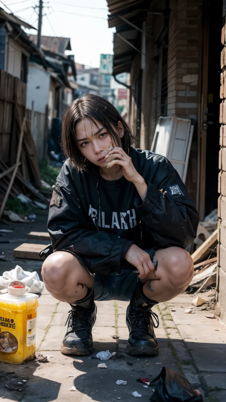 Eating with relish,aespakarina,Bobcut,Beggar,beggar,(((Homeless))),in abandoned style room,Crouching,Bad complexion,Dirty,Full of trash,Korean,18-year-old,woman,Pitch black,Tattered clothes,((( Oil,Mud stains,shit,dirty))),(((Frowning,Glaring at the camera))),((((Rubble pile))),Very fine eye, (((Wearing tattered black clothing,He&#39;s wearing ripped black pants))),(((Tragic))),((photograph)),(((Fabric Shading))), (((highest quality))), (((masterpiece))) Bullish girl, ((((Realistic)))),Black Hair, chic hairstyle, ((With bangs,ストレートミディアムBobcut, nice hair)), Light makeup,Red eyes, (((I&#39;m not wearing lipstick))), (nice), Centered Images, Looking at the camera, Elegant colors,Realistic Skin,Realistic texture,８k,whole body,Pale skin,Red iris,Perfect Face,(((Big eyes))),ruanyi0181