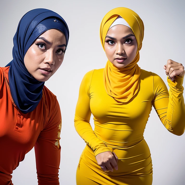 1 malay girl in hijab dressed as cinderella, yellow dress, white background, hijab, forehead-looking, surly, sharp-eyed, (cool look), boxing, both red gloves, visible, middle-aged woman, (((narrow eyes)), fighting stance, sparring, boxing, ((malay cinderella boxer))