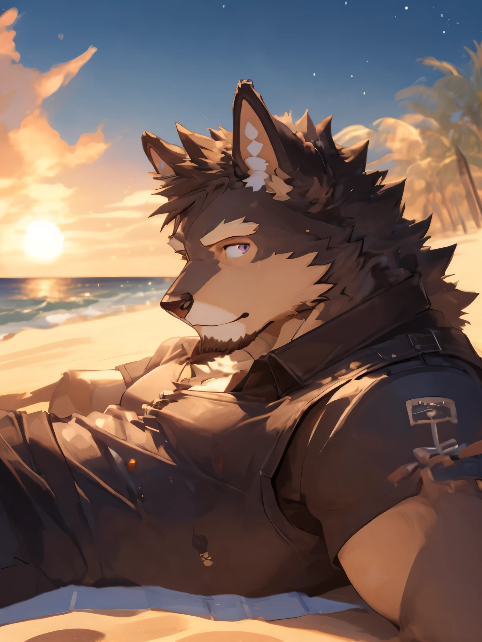 (Exquisite),(Outstanding Works),(Highest quality),German Shepherd Orc(male),Big muscles,Coordinated body proportions,Lilac eyes,Black eyelashes,There is a lot of hair on the neck,A faint smirk,Black short sleeve T-shirt,Hawaiian shorts,Lying on the beach,Looking up at the stars and the sea alone,孤独Aesthetic,Front side view,(Light and shadow masterpiece),(Aesthetic),(Ultra-clear picture quality)