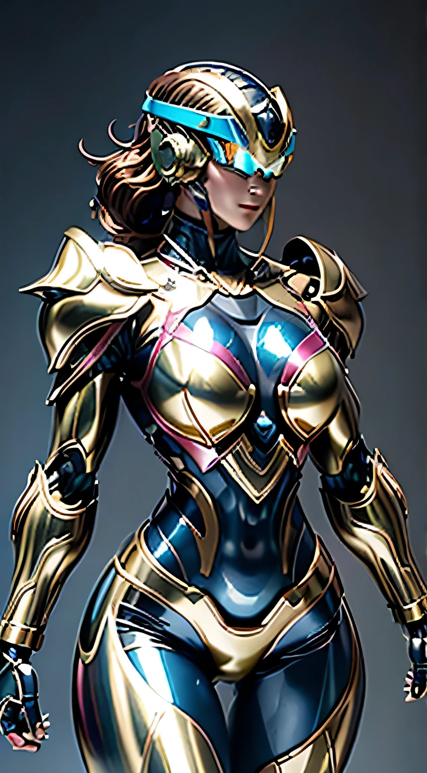 Female Robocop Solo、Bright outdoors、strong light source、8K, high quality, masterpiece, 最high quality、Very detailed、Armor that completely covers the whole body、Very large armor、Helmet covering the head、Clear photos、The eyes are hidden by thin, straight goggles:1.3、The lower half of the face is flesh:1.5、The human skin is exposed from the nose down on the face.:5.0、Luscious lips、Rainbow metallic armor、Armor that completely covers the chest、Long, slender legs、Vivid poseable body view,Big and ample breasts:1.5, (Sports Body:1.5)、Five Fingers、Photos in the city