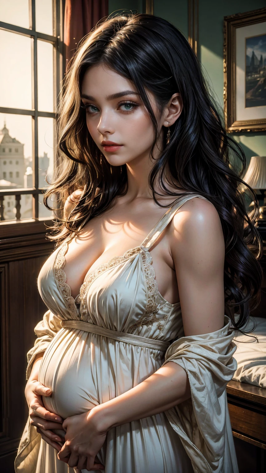 (masterpiece, Best quality, a high resolution, ultra detailed),(beautiful and aesthetically pleasing:1.2), 1 woman, adult woman, black wavy hair, green eyes, lethargic, gentle face,(slight smile:0.8), detailed eyes and face, perfect body, Whole body, Red lips, beautiful make-up, in Muumuu dress, in room, Soft lighting, Whole body, complex parts, cozy atmosphere, pregnancy