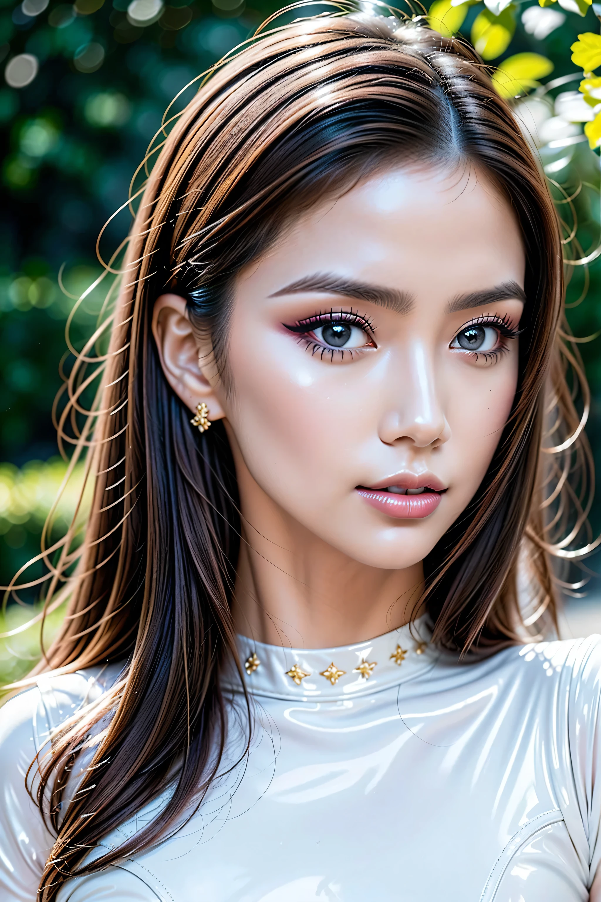 Divide Ratio : 1,1,1 Base Ratio : (a girl in a garden:1.22),((European fashion supermodel)),(high quality:1.3),((photorealistic)),((Hyper realistic)),((sharp focus)),((highest resolution)),(the most absurd quality),(masterpiece), ((best high quality real texture skin)),(Highly quality texture hair),((two tone hair, black and brown((slicked to the side))Intricately detailed:1.3)),(perfect proportions),(anatomically correct),((perfect female body)),(firm and full normal breasts:1.22),slim face,beautiful cheekbones,(Super beautiful face),(realistic face),(highly detailed face),absurd(ultra detailed eyes), finely detailed face,finely quality eyes,(tired and sleepy and satisfied:0.0),realistic eyes,perfect round eyes,finely detailed pupils,(black_eyes:1.28),detailed lips:1.3,(pink_lipstick:1.2),pink_makeup:1.22, long_blue_eyeliner:1.18, perfect dark_eyeshadows:1.4, (super detailed makeup on eyes:1.3), iridescent eyes, with professional makeup, vibrant eyes:1.2, BREAK((white latex crop top:1.25), Intricately detailed:1.25),((Intricately detailed white: latex pants, multi-cut bodysuit:1.24)),(Erotic:1.4),relaxed expression,(dainty jewelry),friendly atmosphere,detailed background,subtle shadows,peaceful ambiance,gentle breeze,lush garden,beautiful flowers,delicate features,rosy cheeks,bright and beautiful smile, Hasselblad, 130mm f/4.0