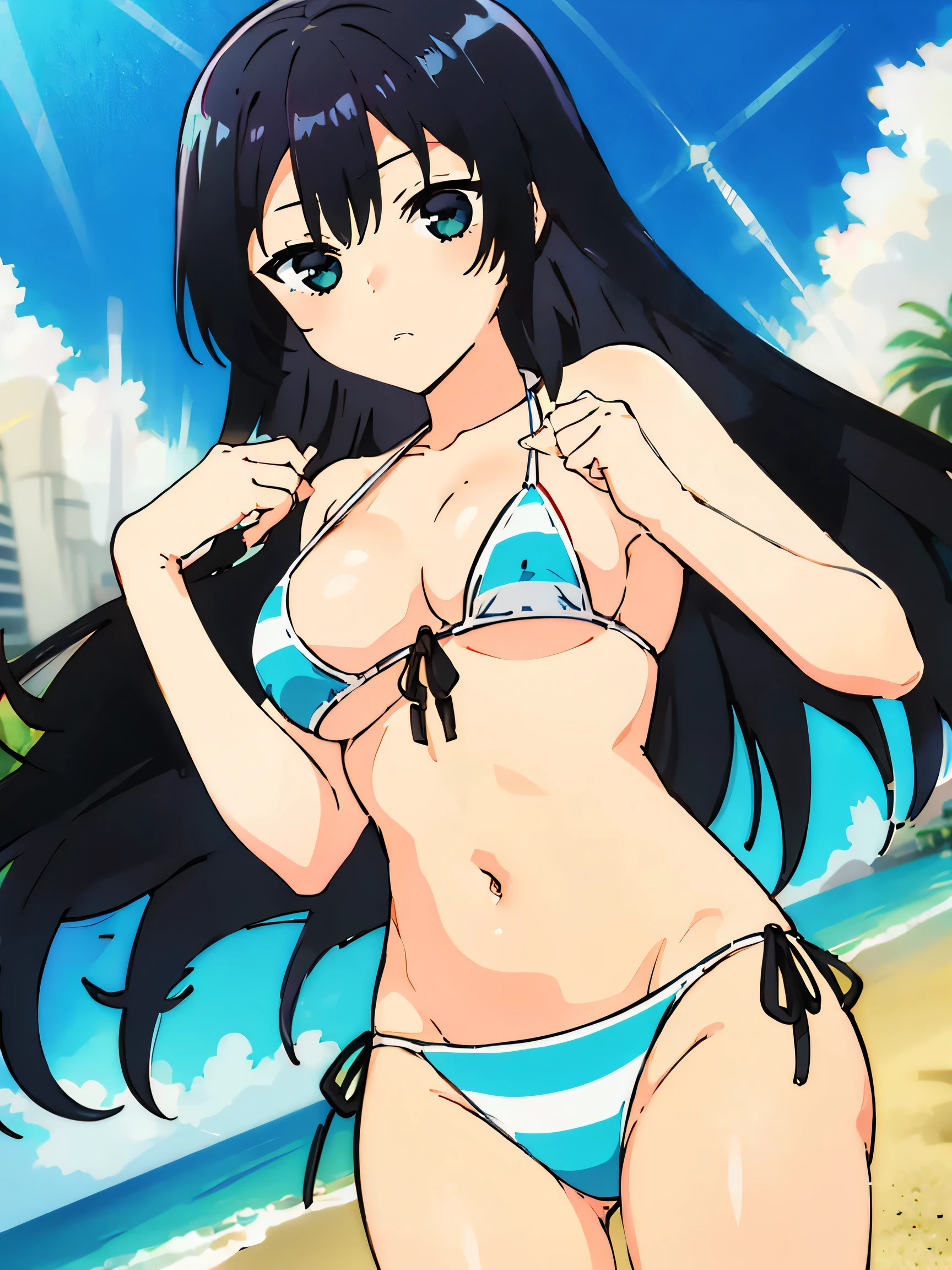 １girl、Black Hair、black eye、Expressionless、Long Hair、High resolution、masterpiece、High resolution、highest quality、Anime Moe Art Style、Cowboy Shot、Micro Bikini、Groin、stomach、Beach、Biting、Puffy nipples