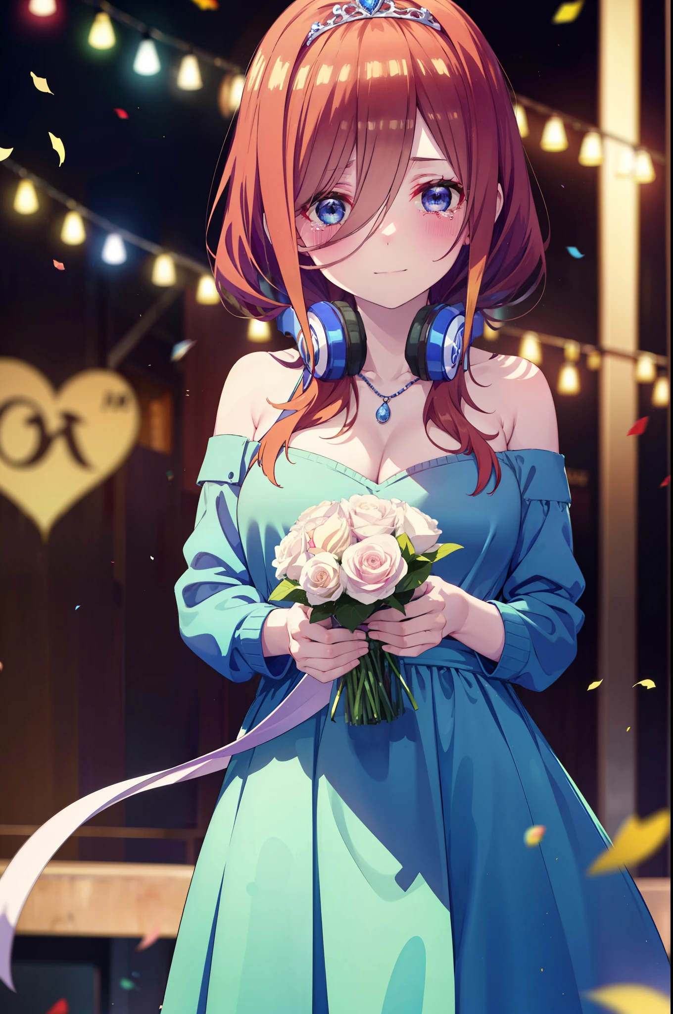 Miku Nakano, Miku Nakano, Long Hair, bangs, Brown Hair, shirt, Hair between the eyes, cardigan, Headphones around neck,tiara,Star Hair Ornament,smile,blush,Blue Dress,Long skirt,Red Pin Heel,No sleeve,Expose your shoulders,Bare arms,Bare neck,bare clavicle,Heart Necklace,Tears stream down her face,Tears of joy,I cry a lot,holding a large bouquet of flowers in each hand,Confetti,There is a birthday cake on the table,
break indoors, on stage,venue,
break looking at viewer, (Cowboy Shot:1.5),
break (masterpiece:1.2), highest quality, High resolution, unity 8k wallpaper, (shape:0.8), (Beautiful details:1.6), Highly detailed face, Perfect lighting, Highly detailed CG, (Perfect hands, Perfect Anatomy),