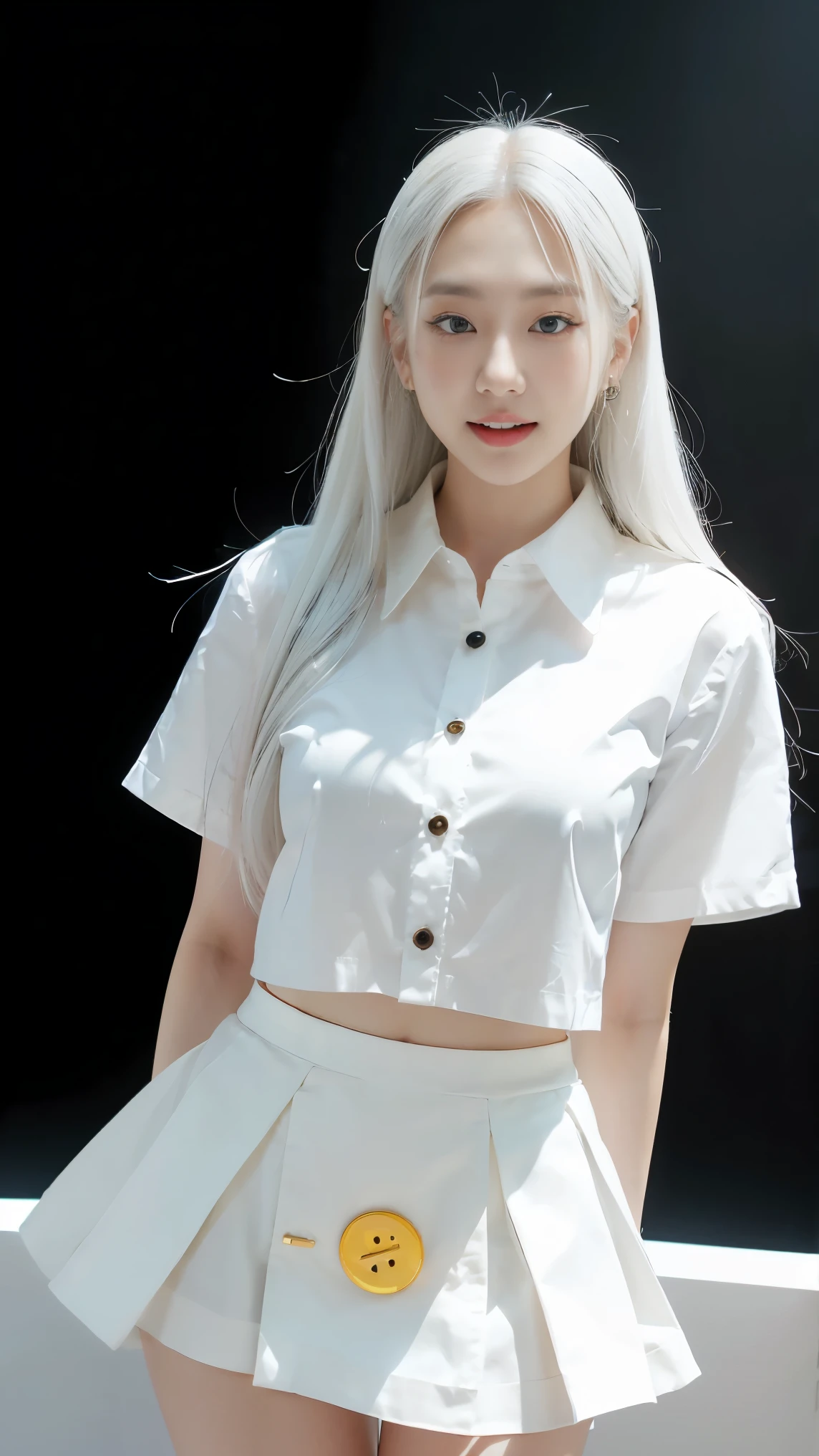 ((masterpiece, best quality)), (1girl), (solo), (female focus), (ahoge, white hair, very long hair), golden eyes, clear smile, open mouth, ((white shirt), (buttoned shirt), (gap button)), ((black skirt), (short skirt)), standing, white background, arms behind back, dynamic angle