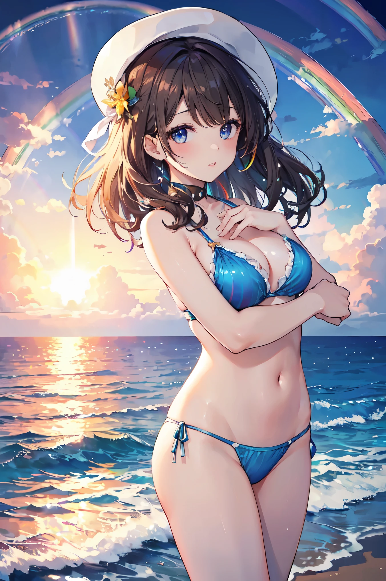 (((masterpiece、high resolution、high quality、Delicate、Ultra-high resolution、8k)))One female、Brown Hair、Curly Hair、Blue Eyes、Dense lips、Glowing Skin、Micro Bikini、BREAK,Ocean、beach、fish、water droplets、(There is a rainbow:1.5)🌈、evening、Sunset