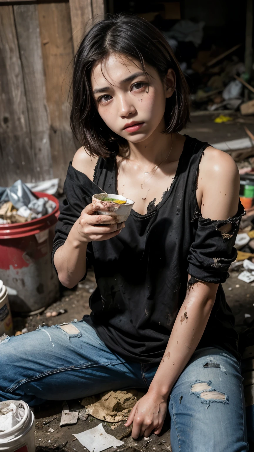 Eating with relish,aespakarina,Bobcut,Beggar,beggar,(((Homeless))),in abandoned style room,Bad complexion,Dirty,Full of trash,Korean,18-year-old,woman,Pitch black,Tattered clothes,((( Oil,Mud stains,shit,dirty))),(((Frowning))),((((Rubble pile))),Very fine eye, (((Wearing tattered black clothing,He&#39;s wearing ripped black pants))),(((Tragic))),((photograph)),(((Fabric Shading))), (((highest quality))), (((masterpiece))) Bullish girl, ((((Realistic)))),Black Hair, chic hairstyle, ((With bangs,ストレートミディアムBobcut, nice hair)), Light makeup,Red eyes, (((I&#39;m not wearing lipstick))), (nice), Centered Images, Looking at the camera, Elegant colors,Realistic Skin,Realistic texture,８k,whole body,Pale skin,Red iris,Perfect Face,(((Big eyes))),ruanyi0181