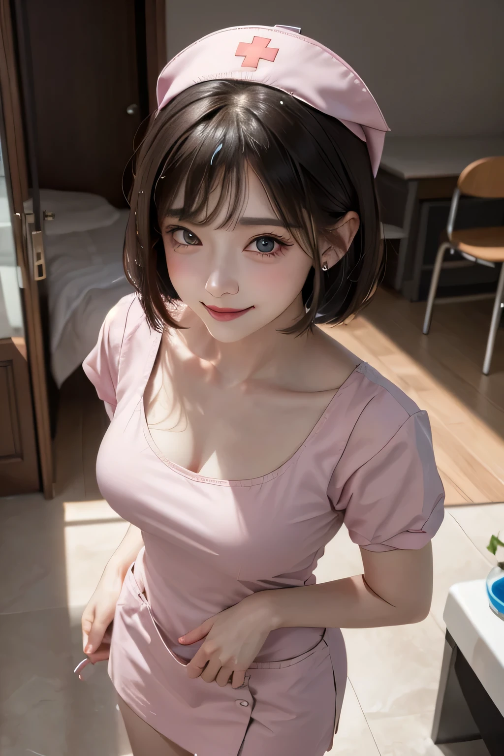 {{{16k}}},{{{masterpiece}}}, {{{best quality}}}, {{{ultra-detailed}}},{{{an extremely delicate and beautiful}}},Big eyes, wearing(pink)nurse cosplay , hearing aid,nurse,black hair,Bowl Cut Hair, Straight bangs,blush kind smile,beautiful girl,Swayback stance, large breasts ,hospital indoors,wariza,((from above:1.2)),perfect hand,Perfect body,hospital,