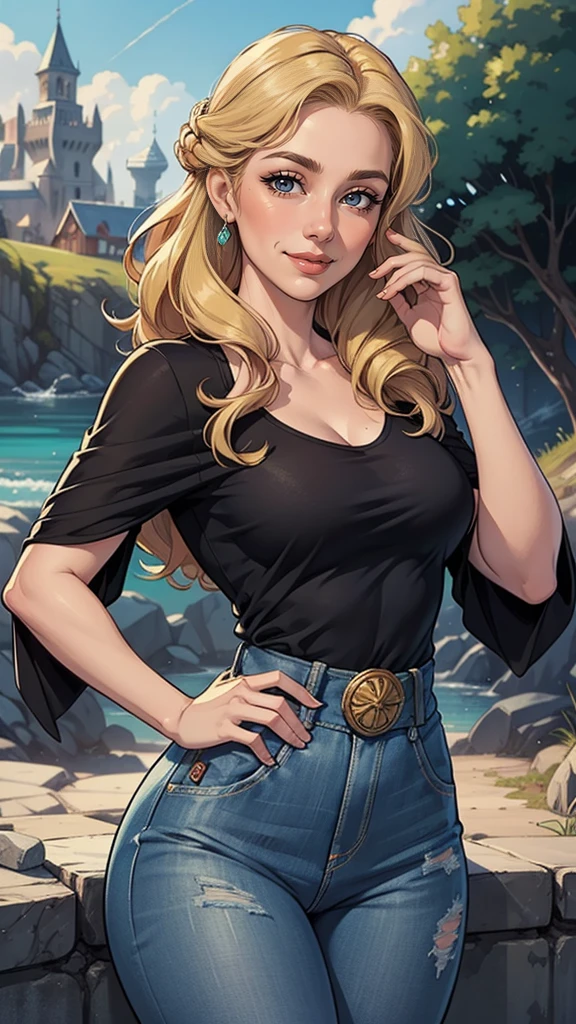 mulher de 35 anos, very long blonde hair down to the waist and half curly with bangs, seios pequenos, olhos grandes com um brilho apaixonado, olhos verdes mel, Um lindo sorriso, vestindo uma camiseta preta longa com um terno feminino verde e jeans, in a serious and sweet comic-style pose, alta qualidadePersonagem mulher estilo atompunk Fiona rainha Anna de Arendelle com marcas de guerras Imagem de desenho animado de uma mulher .Ilustra??o estilo desenho animado, estilo de arte dos desenhos animados, estilo de arte dos desenhos animados, digital illustration style, estilo atompunk design de personagens altamente detalhado, arte digital detalhada coragem, Forest fan art, Design de personagens de retrato, beautiful digital illustration, retrato de alta qualidade, Arte em quadrinhos, mulher jovem cabelo com transas lindas . Queen Anna of ArendelleBeautiful lined eyes Medium large bust and wonderful sexy clothes. image expression of sexual desire from waist to head illustration Queen Anne of Arendelle atompunk style Fallout 4 style pose playboy magazine sensual witch Character cartoon style facial expression happy beautiful smile and six medium small portrait mode waist up with lots of gold around her other stones portrait precious mode waist up queen of the south Jennifer Connelly GTA scenery dominatrix gold coins chest with jewelry with her boyfriend, um homem com barba preta, armado com um estilo militar,