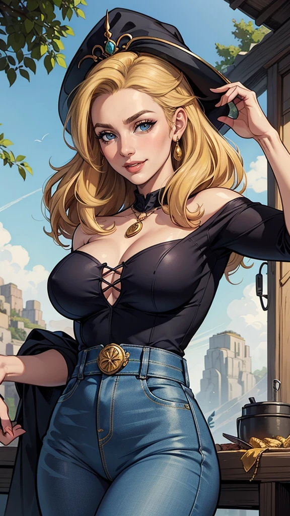 mulher de 35 anos, very long blonde hair down to the waist and half curly with bangs, seios pequenos, olhos grandes com um brilho apaixonado, olhos verdes mel, Um lindo sorriso, vestindo uma camiseta preta longa com um terno feminino verde e jeans, in a serious and sweet comic-style pose, alta qualidadePersonagem mulher estilo atompunk Fiona rainha Anna de Arendelle com marcas de guerras Imagem de desenho animado de uma mulher .Ilustra??o estilo desenho animado, estilo de arte dos desenhos animados, estilo de arte dos desenhos animados, digital illustration style, estilo atompunk design de personagens altamente detalhado, arte digital detalhada coragem, Forest fan art, Design de personagens de retrato, beautiful digital illustration, retrato de alta qualidade, Arte em quadrinhos, mulher jovem cabelo com transas lindas . Queen Anna of ArendelleBeautiful lined eyes Medium large bust and wonderful sexy clothes. image expression of sexual desire from waist to head illustration Queen Anne of Arendelle atompunk style Fallout 4 style pose playboy magazine sensual witch Character cartoon style facial expression happy beautiful smile and six medium small portrait mode waist up with lots of gold around her other stones portrait precious mode waist up queen of the south Jennifer Connelly GTA scenery dominatrix gold coins chest with jewelry with her boyfriend, um homem com barba preta, armado com um estilo militar,