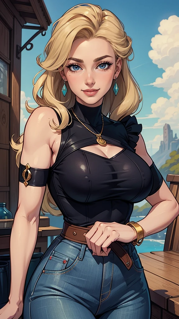 mulher de 35 anos, very long blonde hair down to the waist and half curly with bangs, seios pequenos, olhos grandes com um brilho apaixonado, olhos verdes mel, Um lindo sorriso, vestindo uma camiseta preta longa com um terno feminino verde e jeans, in a serious and sweet comic-style pose, alta qualidadePersonagem mulher estilo atompunk Fiona rainha Anna de Arendelle com marcas de guerras Imagem de desenho animado de uma mulher .Ilustra??o estilo desenho animado, estilo de arte dos desenhos animados, estilo de arte dos desenhos animados, digital illustration style, estilo atompunk design de personagens altamente detalhado, arte digital detalhada coragem, Forest fan art, Design de personagens de retrato, beautiful digital illustration, retrato de alta qualidade, Arte em quadrinhos, mulher jovem cabelo com transas lindas . Queen Anna of ArendelleBeautiful lined eyes Medium large bust and wonderful sexy clothes. image expression of sexual desire from waist to head illustration Queen Anne of Arendelle atompunk style Fallout 4 style pose playboy magazine sensual witch Character cartoon style facial expression happy beautiful smile and six medium small portrait mode waist up with lots of gold around her other stones portrait precious mode waist up queen of the south Jennifer Connelly GTA scenery dominatrix gold coins chest with jewelry with her boyfriend, um homem com barba preta, armado com um estilo militar,