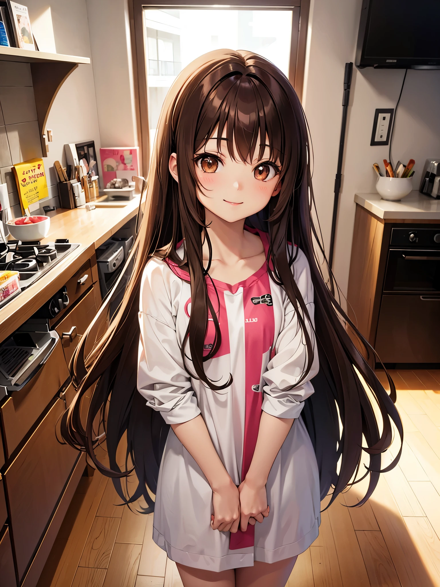 Brown hair. Long hair. Anime girl. Asian girl. Ulzzang. Brown eyes. Smiling.