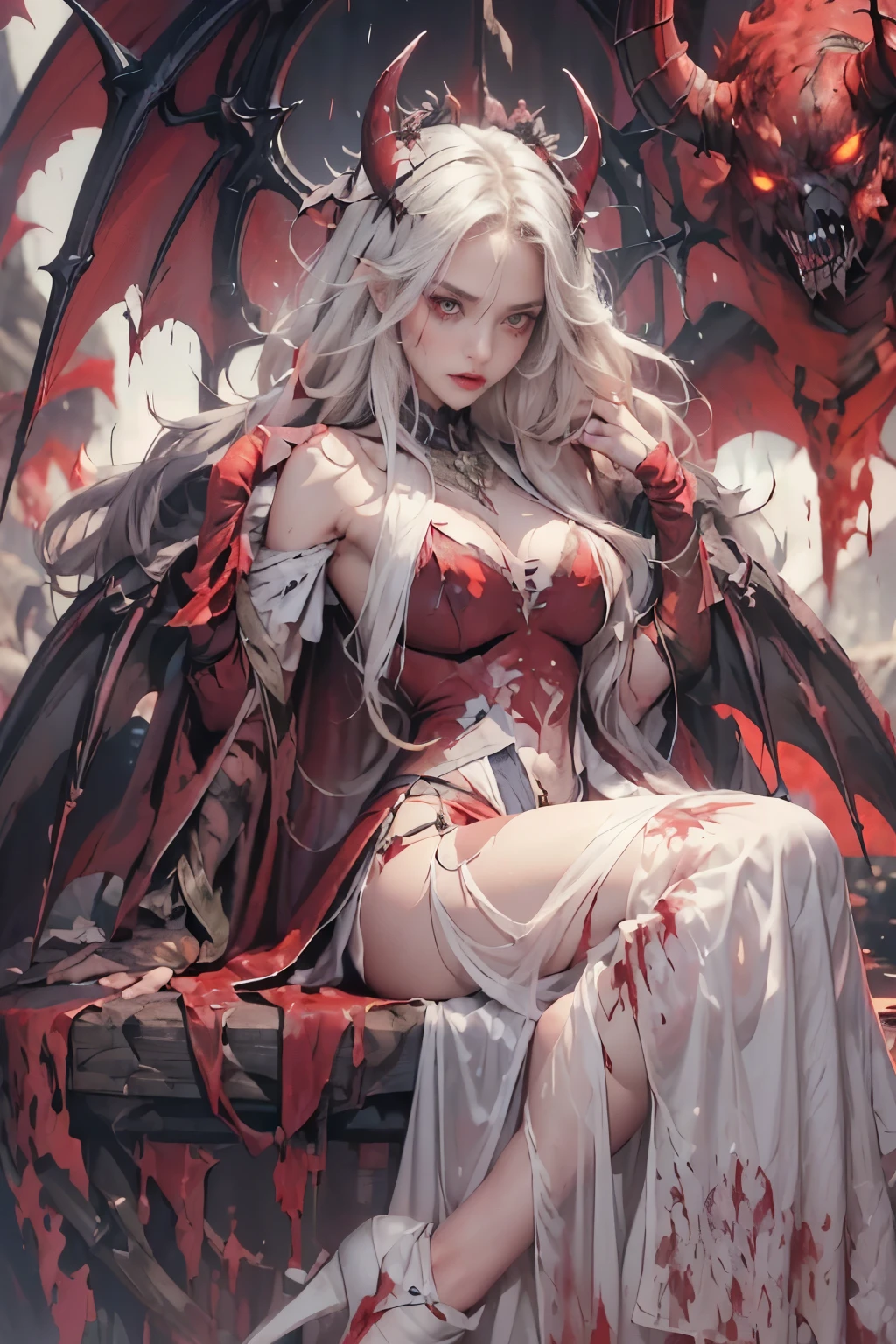 utiful girl, ((25-year-old girl with very slim body, devil:1.5)), Thin legs, fine grain, white long hair, Detailed fingers, thin, Sexual, Ecstasy facial expression, (Super big bouncing firm bust:1.3), (reaper, devil's wing, sexy see-through devil's dress, scarlet lined long cloak from shoulder, The chest part of the suit is widely open, Chest exposed, bathed in blood:1.5), lakeside, (sexy dynamic posing:1.3), (in battle:1.5), { (bloody, many decapitated corpses:1.5), on top of hill, wide view, (spooky, creepy, blood moon night:1.3)}