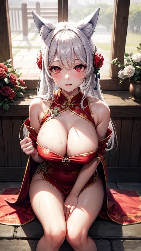 White hair、red eyes、Beautiful girl alone、Fluffy white dresses、off shoulders、Western-style castle、Bright red roses、((fox ears)),steam,wet clothes ,china dress,(masterpiece), best quality, expressive eyes, perfect face,w sitting, w sitting on ground, arm between legs, both arm between legs,big breast, good breast