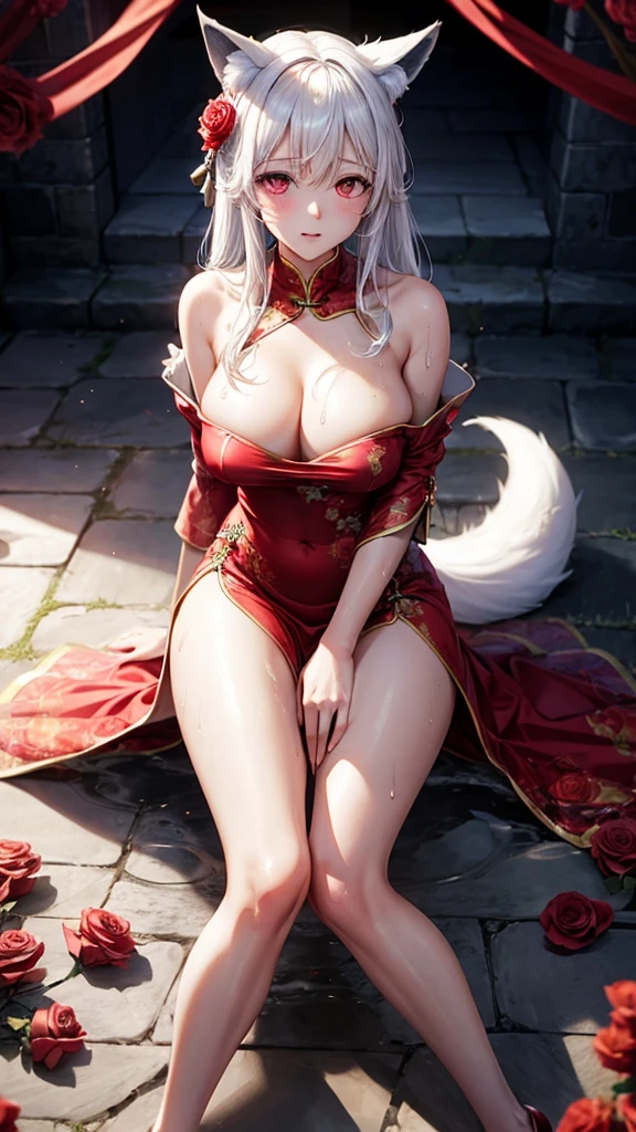 White hair、red eyes、Beautiful girl alone、Fluffy white dresses、off shoulders、Western-style castle、Bright red roses、((fox ears)),steam,wet clothes ,china dress,(masterpiece), best quality, expressive eyes, perfect face,w sitting, w sitting on ground, arm between legs, both arm between legs,big breast, good breast
