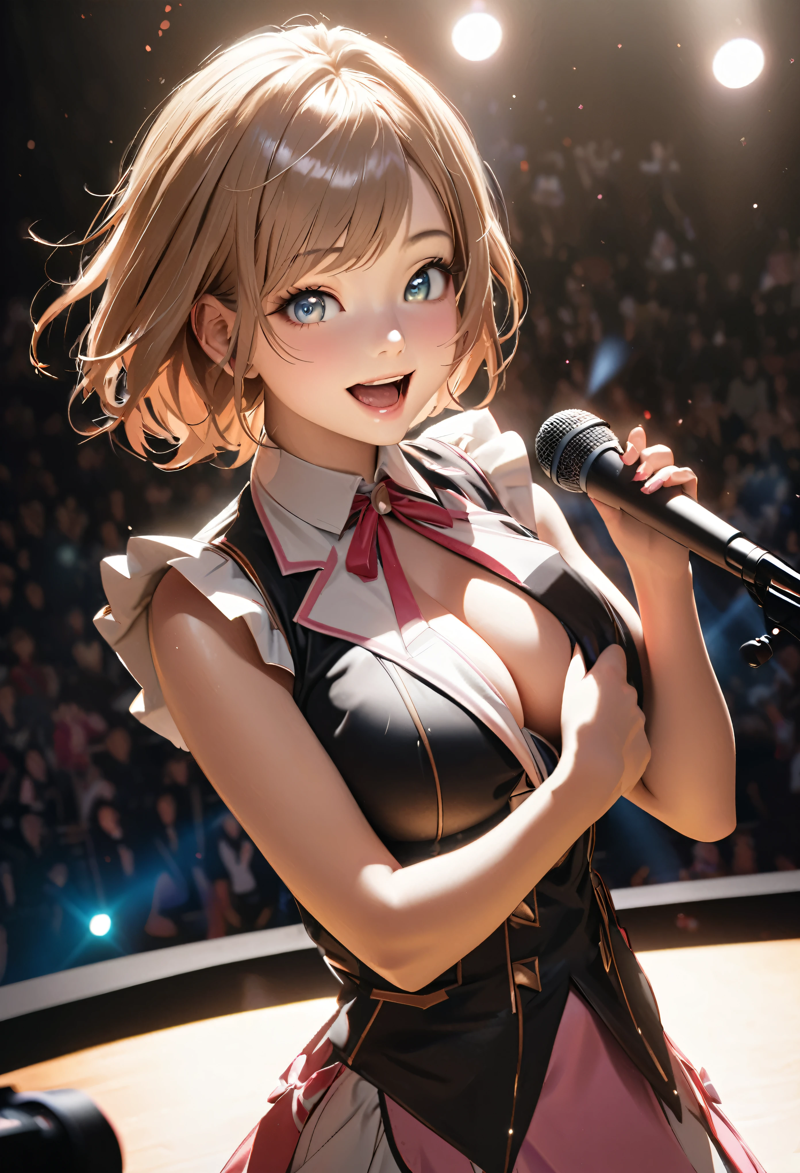 Girl, Big Breasts, Short Hair, , Open Mouth, Singing, Smiling, Staring at the Viewer, Front View, Stage, Live, Spotlight, Indoors, Detailed, Beautiful Detailed Eyes, Indoors, {{{{{ Detailed face}}}}}, photorealistic, detailed body, super detailed, top quality, beautiful detailed eyes, cinematic lighting, super detailed skin, idol singing costume, idol singing costume , idol smiles, singing costumes
