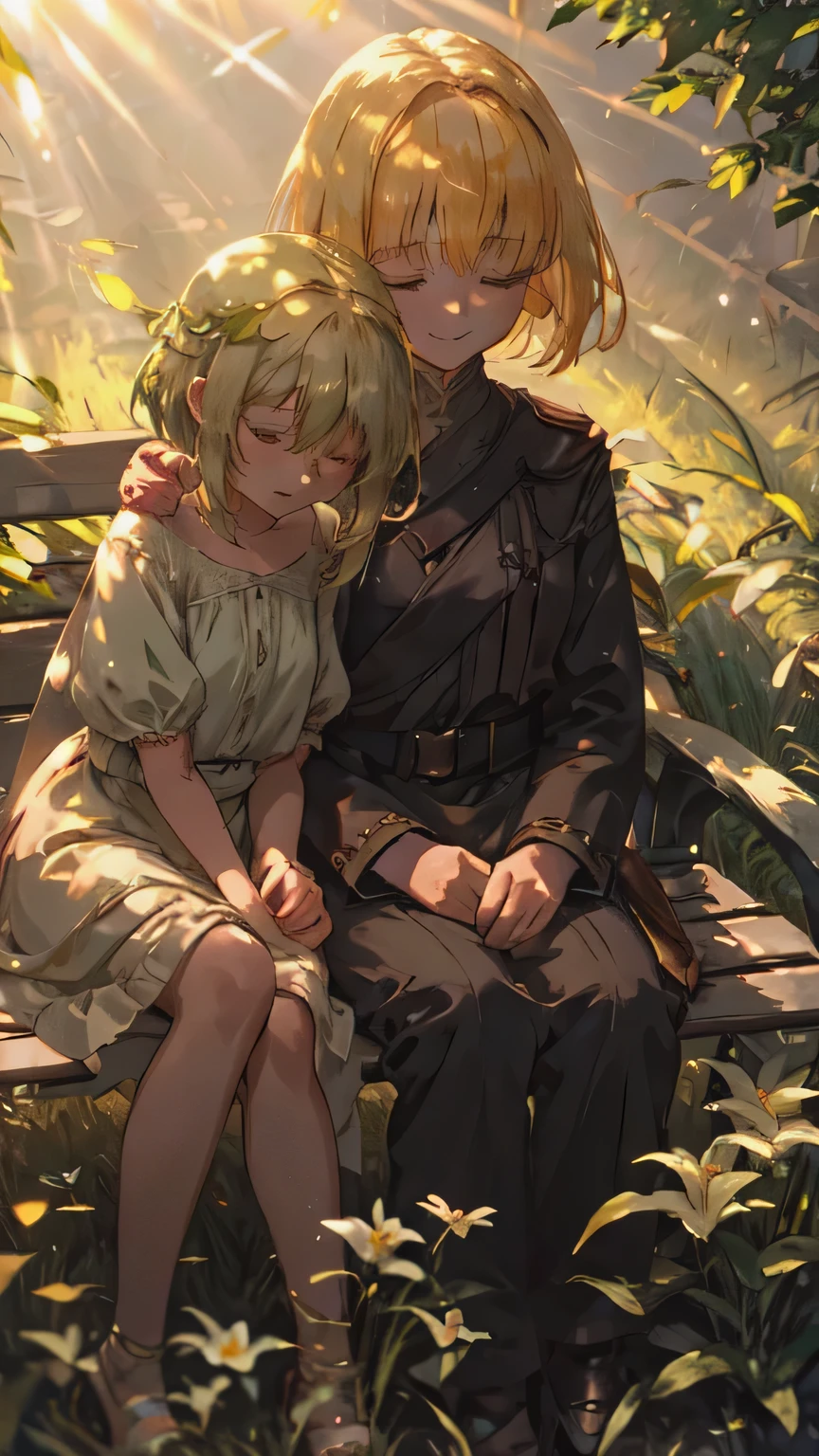 masterpiece,highest quality,Two Girls,Multiple Girls,close your eyes,Sleep upright,sleep on someone,Sitting,Leaning on people,A light smile,lily,bench,Grass,leaf,sunlight,