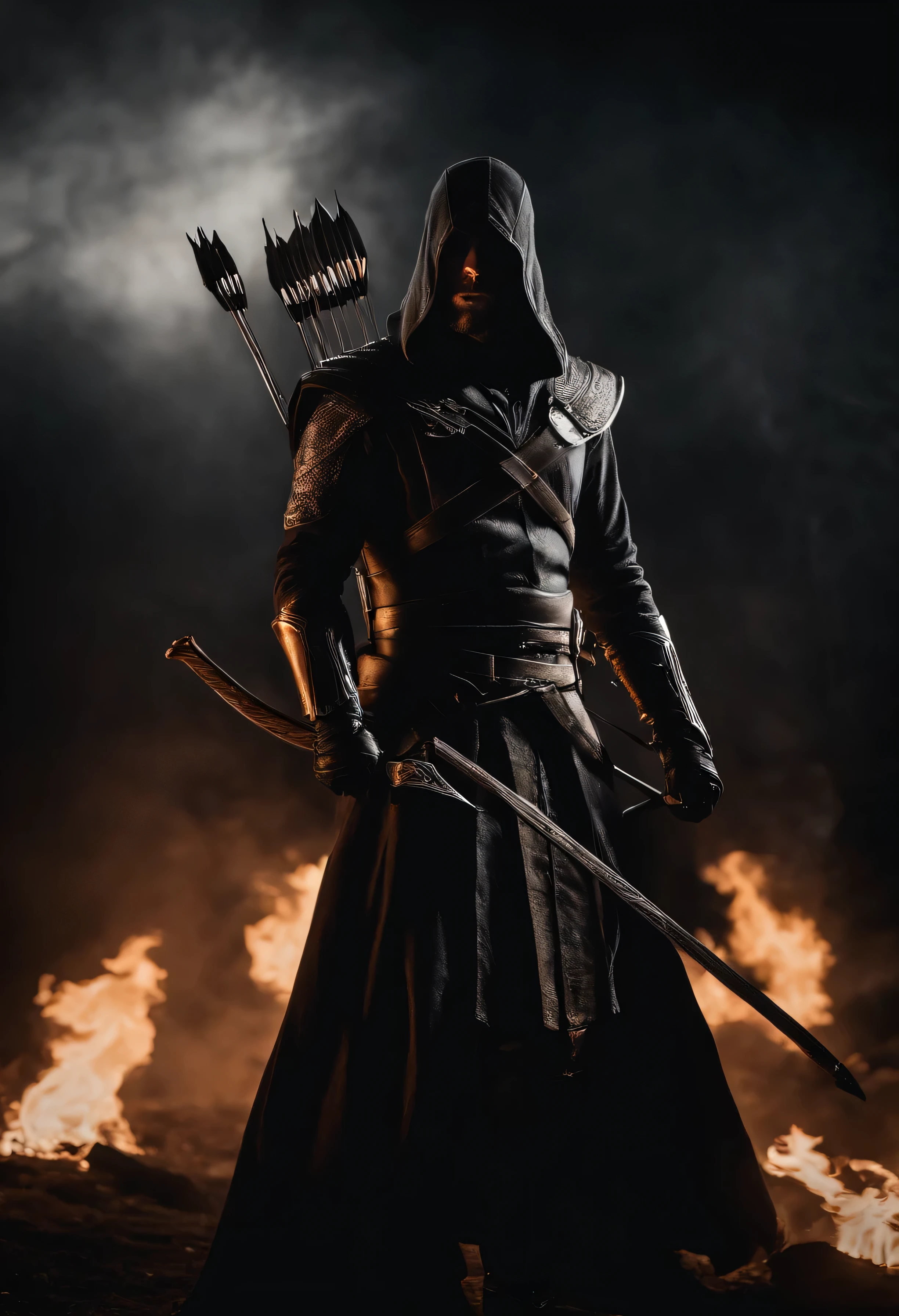 Envision a malevolent character in stark contrast to the ethos of Assassin's Creed. Picture this antagonist with piercing, glowing eyes that radiate an otherworldly malevolence. Dive into micro-details, highlighting sinister facial features and a malevolent grin that adds an eerie aura.
Imagine the character holding an archery bow, emphasizing the duality of skill and darkness. Capture the bow with meticulous detail, from the wickedly designed arrows to the malevolent energy emanating from the weapon.
Set the scene at night, shrouded in an eerie mood. Integrate a background of black smoke and fire, creating a chaotic yet captivating atmosphere. Illuminate the character with a subtle, unnatural light that enhances the ominous glow of their eyes.
Consider the play of shadows, using the night setting to accentuate the villain's menacing silhouette. Infuse the composition with an air of mystique, portraying the antagonist as a formidable force embodying the opposite of the noble Assassin's Creed character.
This detailed prompt aims to inspire a micro-detailed and visually striking depiction of an evil character with glowing eyes, wielding an archery bow, set against a backdrop of black smoke and fire in a night shot, creating a chilling and ominous atmosphere.