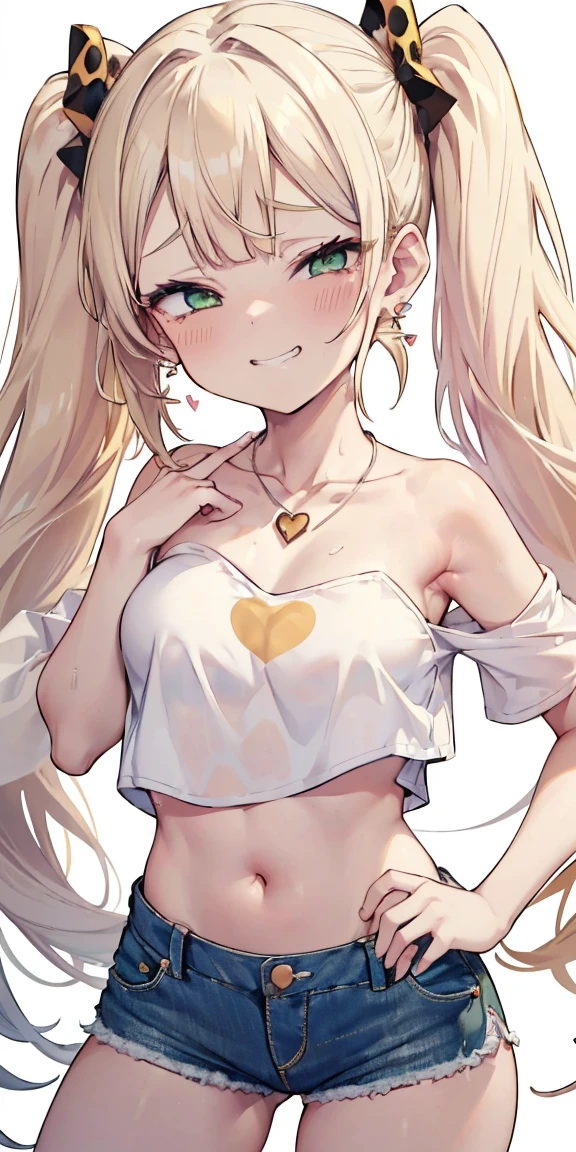 1 girl,heart-shaped pupils, hand on hips, blond hair, blonde hair, (((golden blond hair))), ((green eyes)), green colored eyes, long hair, (((long twintails))), Upper body, trembling, Sweat, Sweatdrop, heart, (speed line:1.1), ((Flat milk)), ((heavy breathing:1.3)), like, heart, mesugaki look, Yandere, ((jagged teeth)), small breasts, (((white crop top))), ((solid white crop top)), ((strapless)), midriff, ((short denim shorts)), cowboy shot, ((twin tails)), ((tsundere)), (((evil smile, mesugaki look, smile))), ((earrings)), ((silver necklace)), ((Pink bows)), simple white background, (sleveless), adult