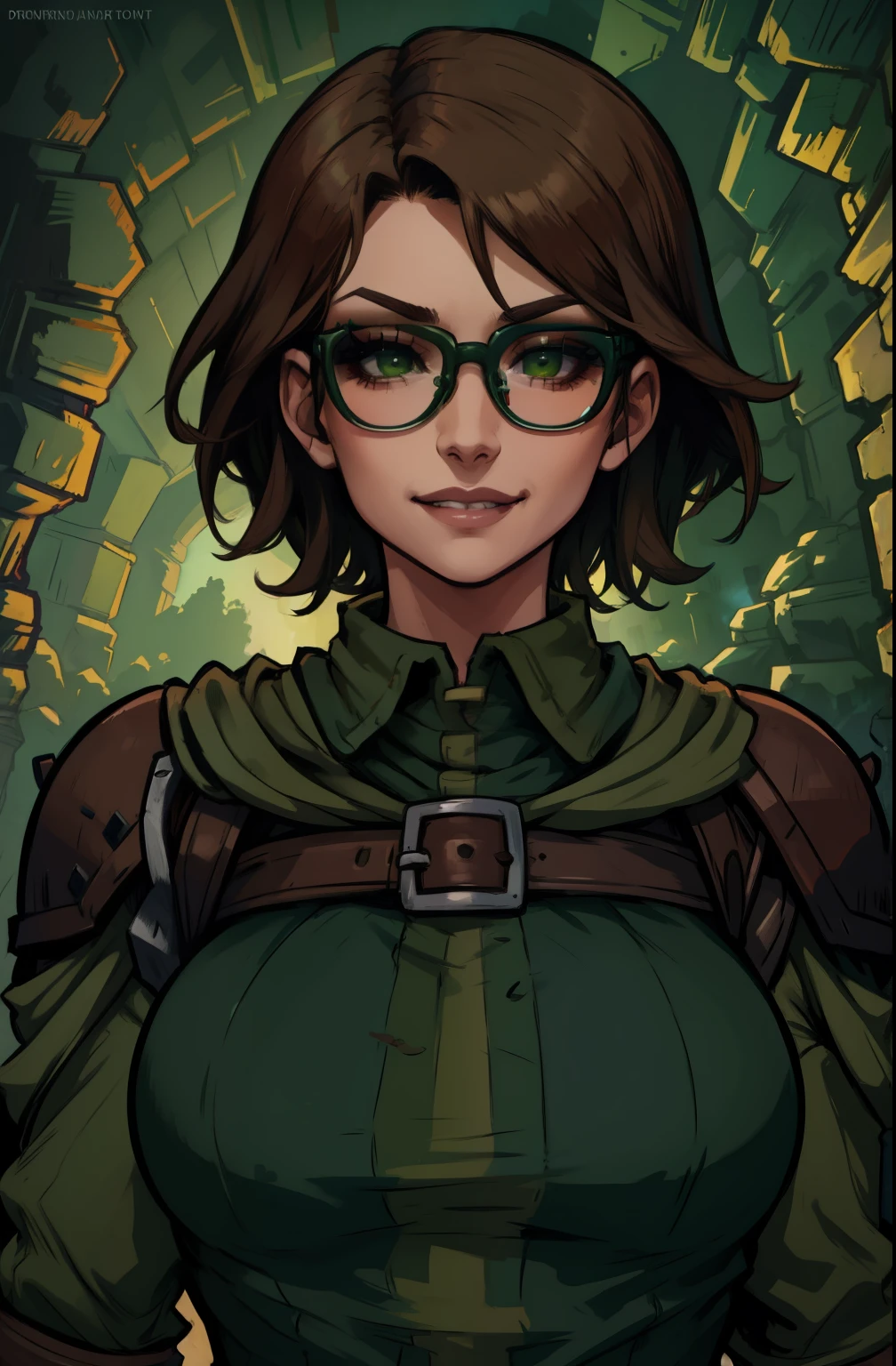 Pdctor,brown hair, short hair, green eyes, glasses, smile, 
woods, dark, darkest dungeon, green gas, gas in background, 
(insanely detailed, beautiful detailed face, masterpiece, best quality) 
 