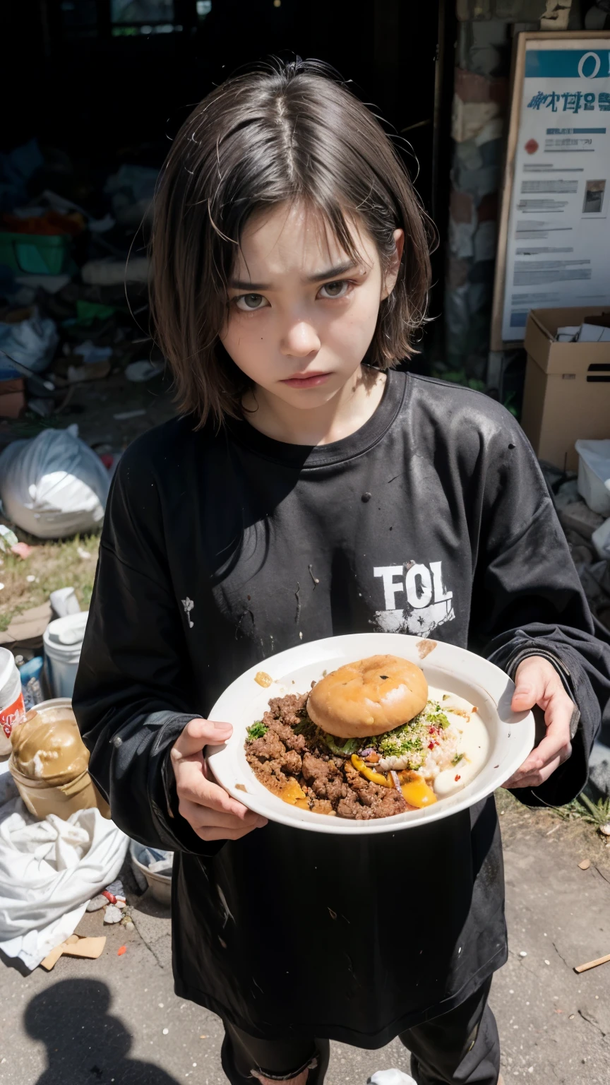 Eating emergency food with gusto,aespakarina,Bobcut,Beggar,beggar,(((Homeless))),in abandoned style room,Bad complexion,Dirty,Full of trash,Korean,18-year-old,woman,Pitch black,Tattered clothes,((( Oil,Mud stains,shit,dirty))),(((Frowning))),((((Rubble pile))),Very fine eye, (((Wearing tattered black clothing,He&#39;s wearing ripped black pants))),(((Tragic))),((photograph)),(((Fabric Shading))), (((highest quality))), (((masterpiece))) Bullish girl, ((((Realistic)))),Black Hair, chic hairstyle, ((With bangs,ストレートミディアムBobcut, nice hair)), Light makeup,Red eyes, (((I&#39;m not wearing lipstick))), (nice), Centered Images, Looking at the camera, Elegant colors,Realistic Skin,Realistic texture,８k,whole body,Pale skin,Red iris,Perfect Face,(((Big eyes))),ruanyi0181