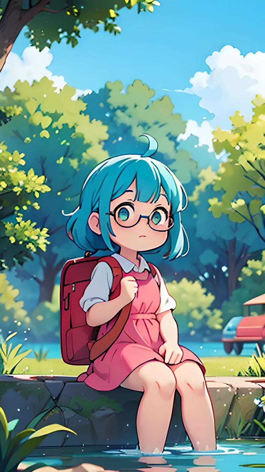 chubby white girl with blue hair, yellow colour eyes, glasses, backpack, pink dress, sitting in park, lake
