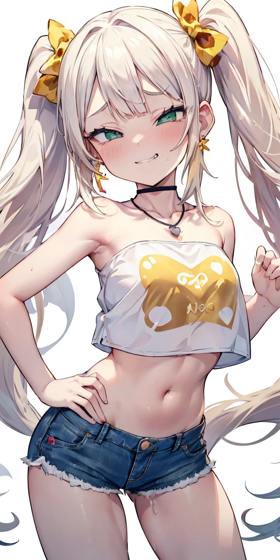 1 girl,heart-shaped pupils, hand on hips, blond hair, blonde hair, (((golden blond hair))), ((green eyes)), green colored eyes, long hair, (((long twintails))), Upper body, trembling, Sweat, Sweatdrop, heart, (speed line:1.1), ((Flat milk)), ((heavy breathing:1.3)), like, heart, mesugaki look, Yandere, ((jagged teeth)), small breasts, (((white crop top))), ((solid white crop top)), ((strapless)), midriff, ((short denim shorts)), cowboy shot, ((twin tails)), ((tsundere)), (((evil smile, mesugaki look, smile))), ((earrings)), ((silver necklace)), ((Pink bows)), simple white background, (sleveless), adult