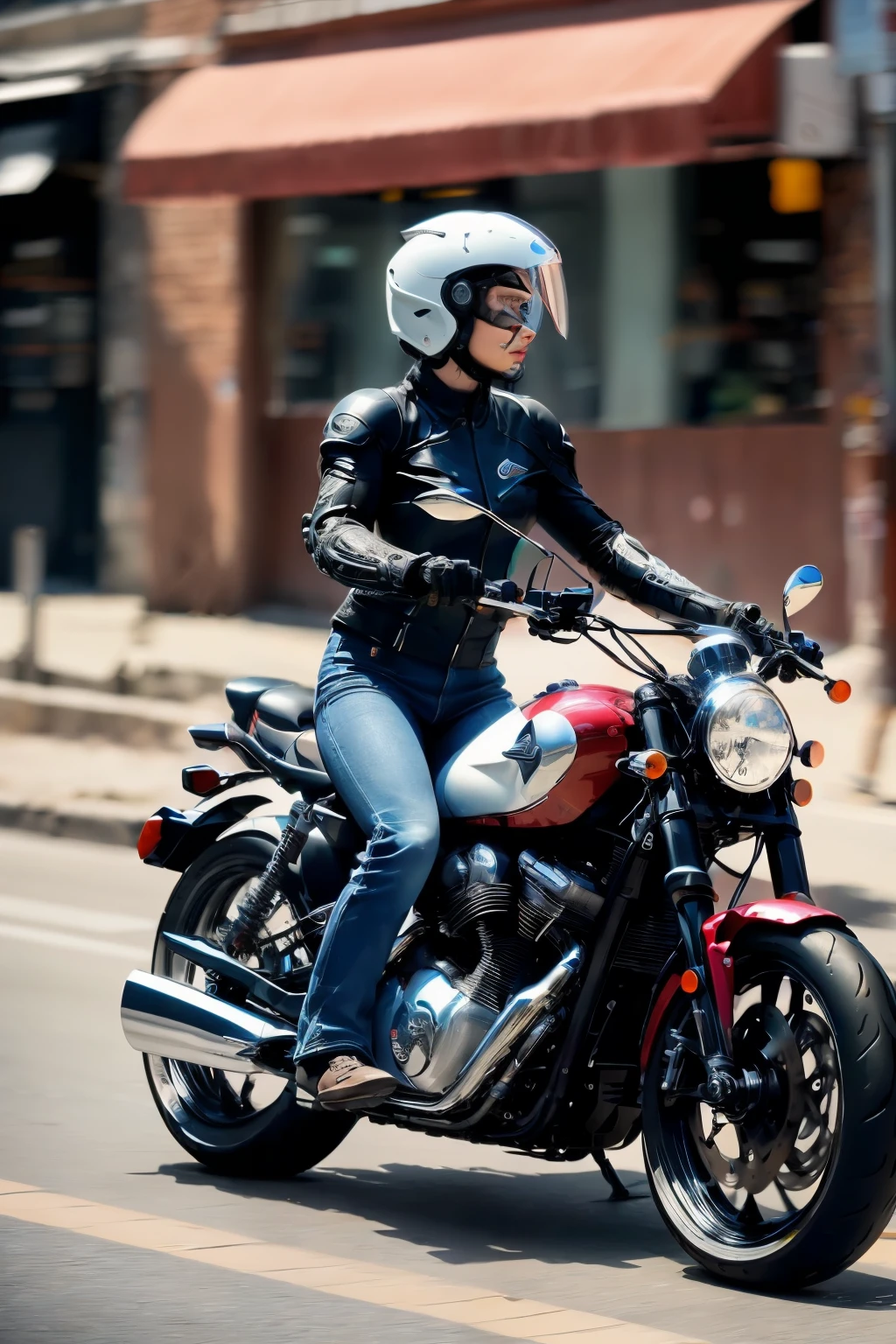 A female cyborg riding a high-tech motorcycle on the street, (side view:1.2), (best quality, high quality, absurdres, masterpiece:1.2), beautiful, intricate details, magnificent anatomy, slim body, beautiful figure, (intricate details:1.12), (intricate details, hyper-detailing:1.15), (natural skin textures, hyper realistic, soft light, sharp:1.2), HDR