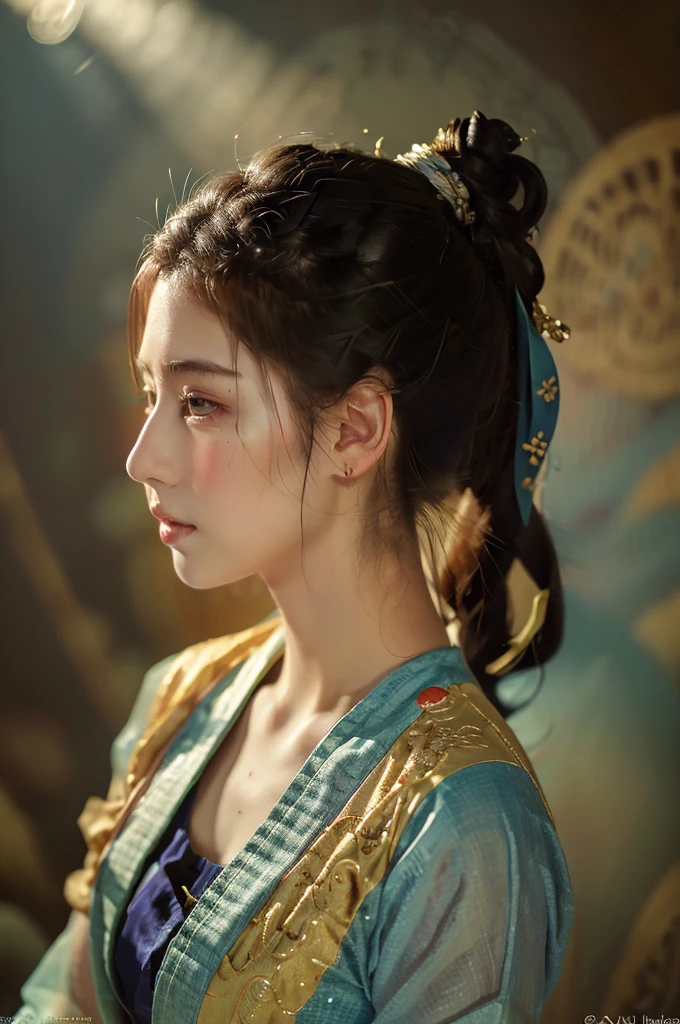 ( masterpiece, top quality, best quality,8k,17 years old girl,ultra detailed,raw photo:1.5),(photorealistic:1.4),(cinematic lighting), PerfectNwsjMajic, , Surrealism, UHD, ccurate, Super detail, textured skin, High detail, Best quality, dynamic angle, (high nose,White skin),[Beautiful blue eyes],(1girl),(good anatomy:0.5)), dunhuang_style, Dreamy atmosphere,expressive brush strokes, mystical ambiance, Artistic interpretation, a whimsical illustration, Subtle colors and tones, straight face, pompadour