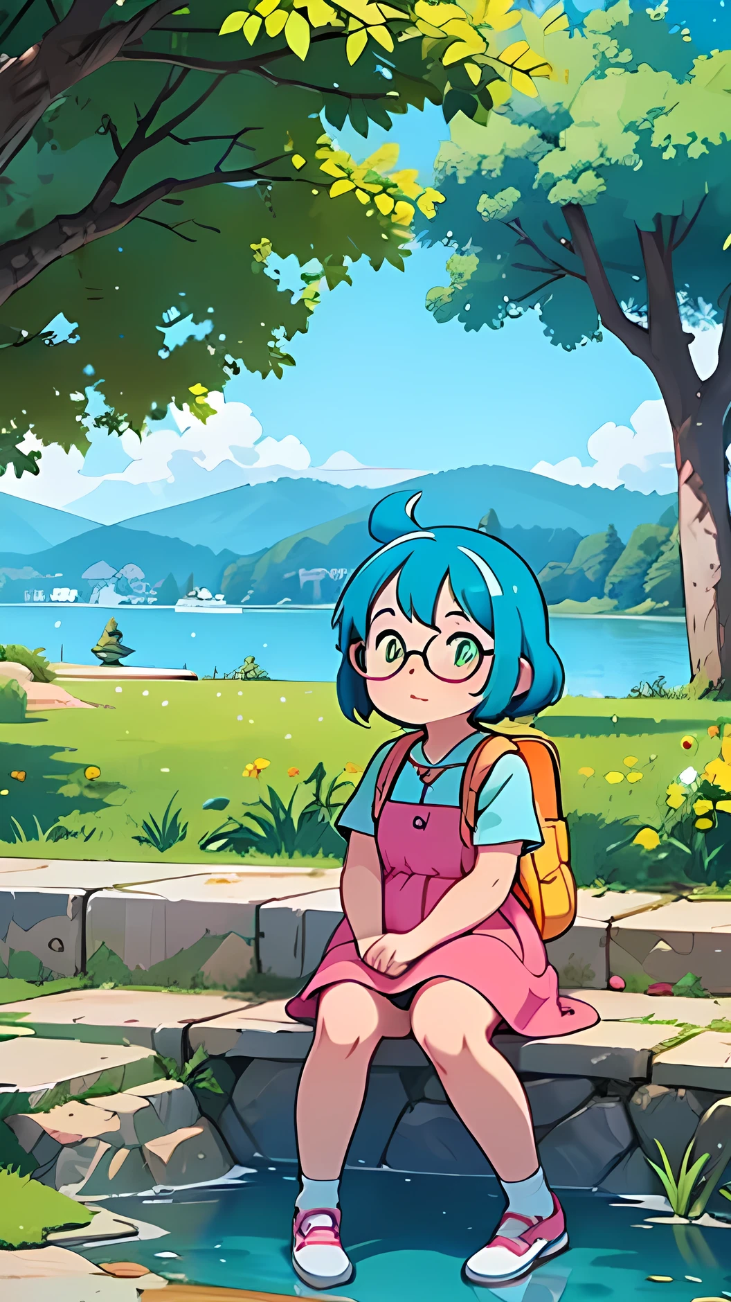 chubby white girl with blue hair, yellow colour eyes, glasses, backpack, pink dress, sitting in park, lake
