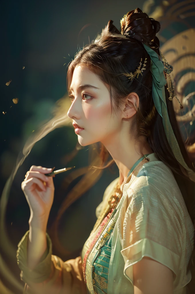 ( masterpiece, top quality, best quality,8k, girl,ultra detailed,raw photo:1.5),(photorealistic:1.4),(cinematic lighting), PerfectNwsjMajic, , Surrealism, UHD, ccurate, Super detail, textured skin, High detail, Best quality, dynamic angle, (high nose,White skin),[Beautiful blue eyes],(1girl),(good anatomy:0.5)), dunhuang_style, Dreamy atmosphere,expressive brush strokes, mystical ambiance, Artistic interpretation, a whimsical illustration, Subtle colors and tones, straight face, pompadour, outside