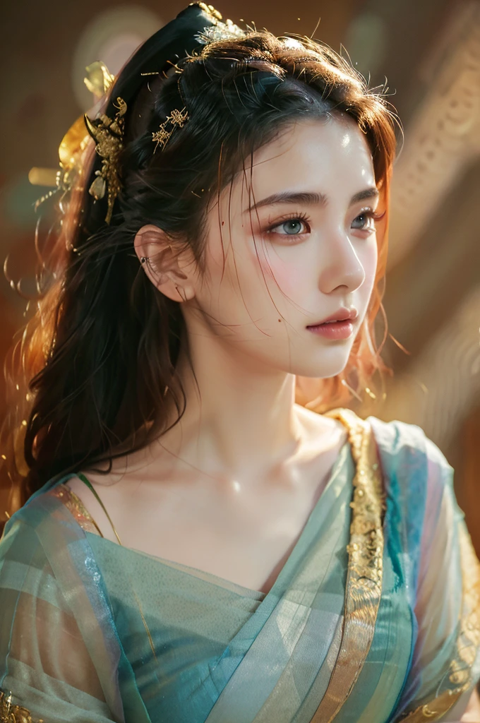 ( masterpiece, top quality, best quality,8k,17 years old girl,ultra detailed,raw photo:1.5),(photorealistic:1.4),(cinematic lighting), PerfectNwsjMajic, , Surrealism, UHD, ccurate, Super detail, textured skin, High detail, Best quality, dynamic angle, (high nose,White skin),[Beautiful blue eyes],(1girl),(good anatomy:0.5)), dunhuang_style, Dreamy atmosphere,expressive brush strokes, mystical ambiance, Artistic interpretation, a whimsical illustration, Subtle colors and tones, straight face, pompadour, outside