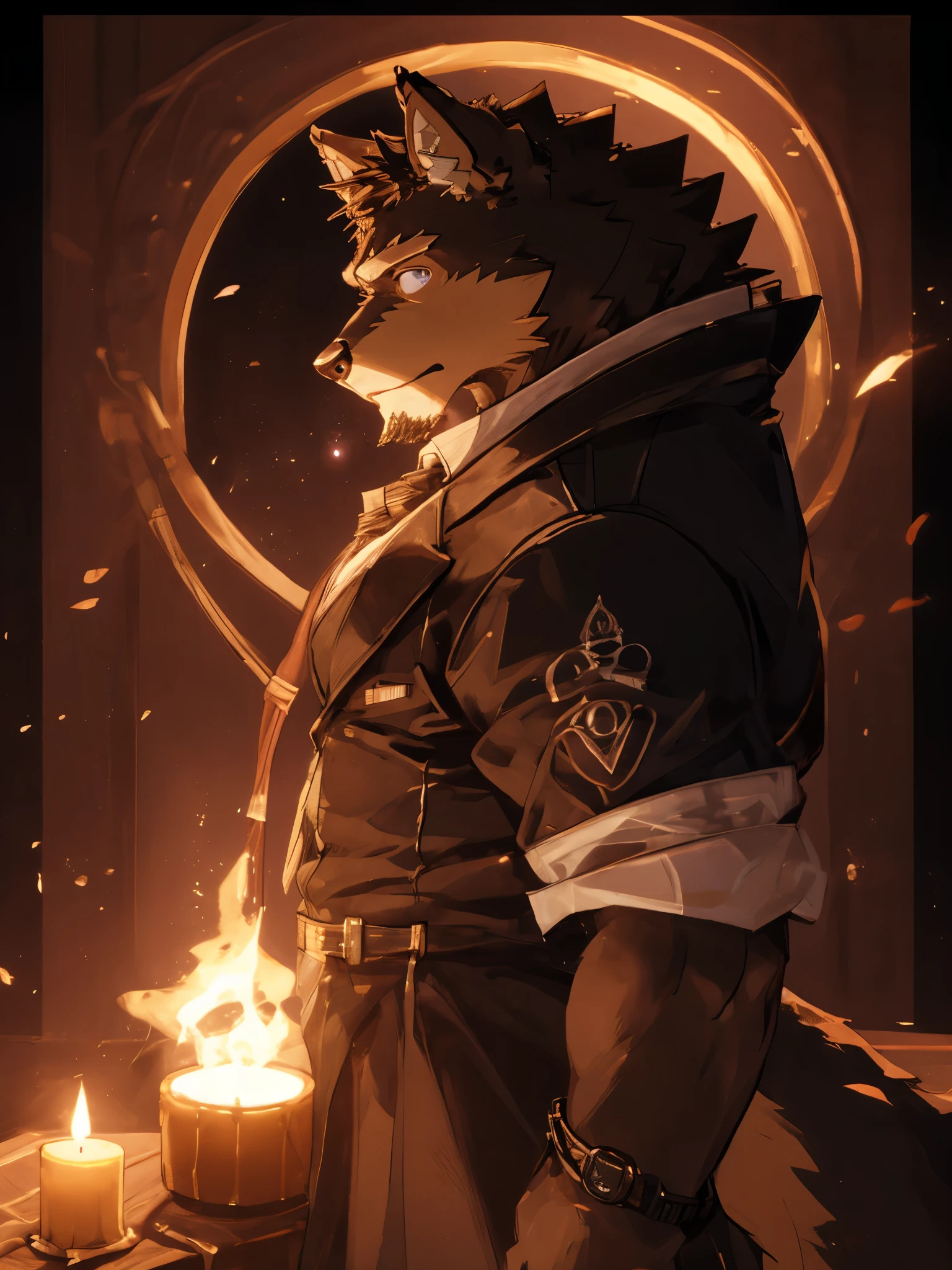 (masterpiece),(best quality),(Ultra-clear image quality),german shepherd orc(male),Big muscles,Hairy hair all over the body,Purple glass eyes,Black eyelashes,beautiful eyes,Wearing a suit,Wearing a watch,Handsome wolf,giggle,Lie flat on your bed,Upper side view of the entire body,There is light behind it,In a cozy little house,Golden Sunshine,(Light and shadow masterpiece),(dynamic picture),CG。