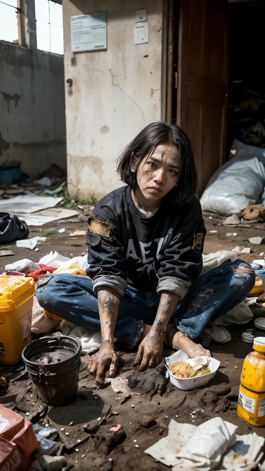 Eating emergency food with gusto,aespakarina,Bobcut,Beggar,beggar,(((Homeless))),in abandoned style room,Bad complexion,Dirty,Full of trash,Korean women,Pitch black,Tattered clothes,((( Oil,Mud stains,shit,dirty))),(((Frowning))),((((Rubble pile))),Very fine eye, (((Wearing tattered black clothing,He's wearing ripped black pants))),(((Tragic))),((photograph)),(((Fabric Shading))), (((highest quality))), (((masterpiece))) Bullish girl, ((((Realistic)))),Black Hair, chic hairstyle, ((With bangs,ストレートミディアムBobcut, nice hair)), Light makeup,Red eyes, (((I'm not wearing lipstick))), (nice), Centered Images, Looking at the camera, Elegant colors,Realistic Skin,Realistic texture,8k,whole body,Pale skin,Red iris,Perfect Face,(((Big eyes))),ruanyi0181
