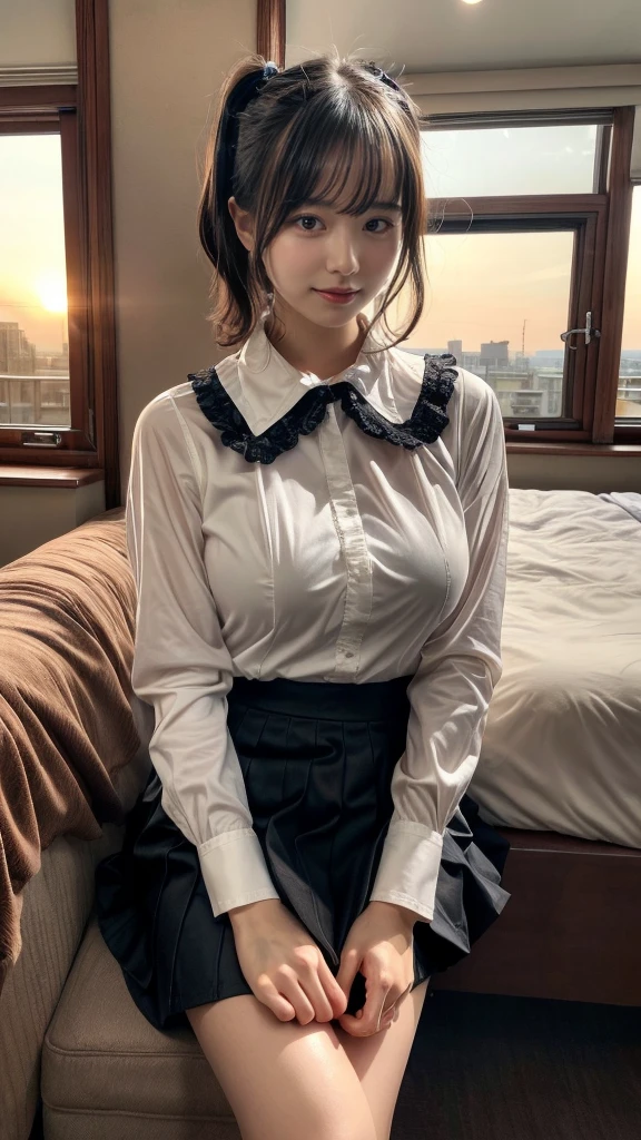 muste piece, best quality, illustration, Super detailed, fine details, High resolution, 8K,wall paper, perfect dynamic composition,(Details High quality, realistic depiction of eyes:1.3), short hair, (wavy hair:1.2), Smile, Silk Collar Shirt, Long flared skirt, pony tail hair, huge breasts,  black hair color, Big Natural Color Lip, bold sexy pose, crying a little、cold gaze, Harajuku style、20 year old girl、cute type、lolita、beautiful legs, hotel room, full body photo、focus on crotch, hposing Gravure Idol, Sexy shot looking at camera, Sunset, by the window, Summer, knee sox, make up, Curve