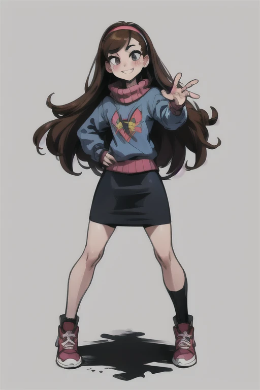 mabel-pines, 1girl, solo, long_hair, smile, brown_hair, hairband, sweater, blush, (((full body))), skirt, young, (((sfw))) heroic pose