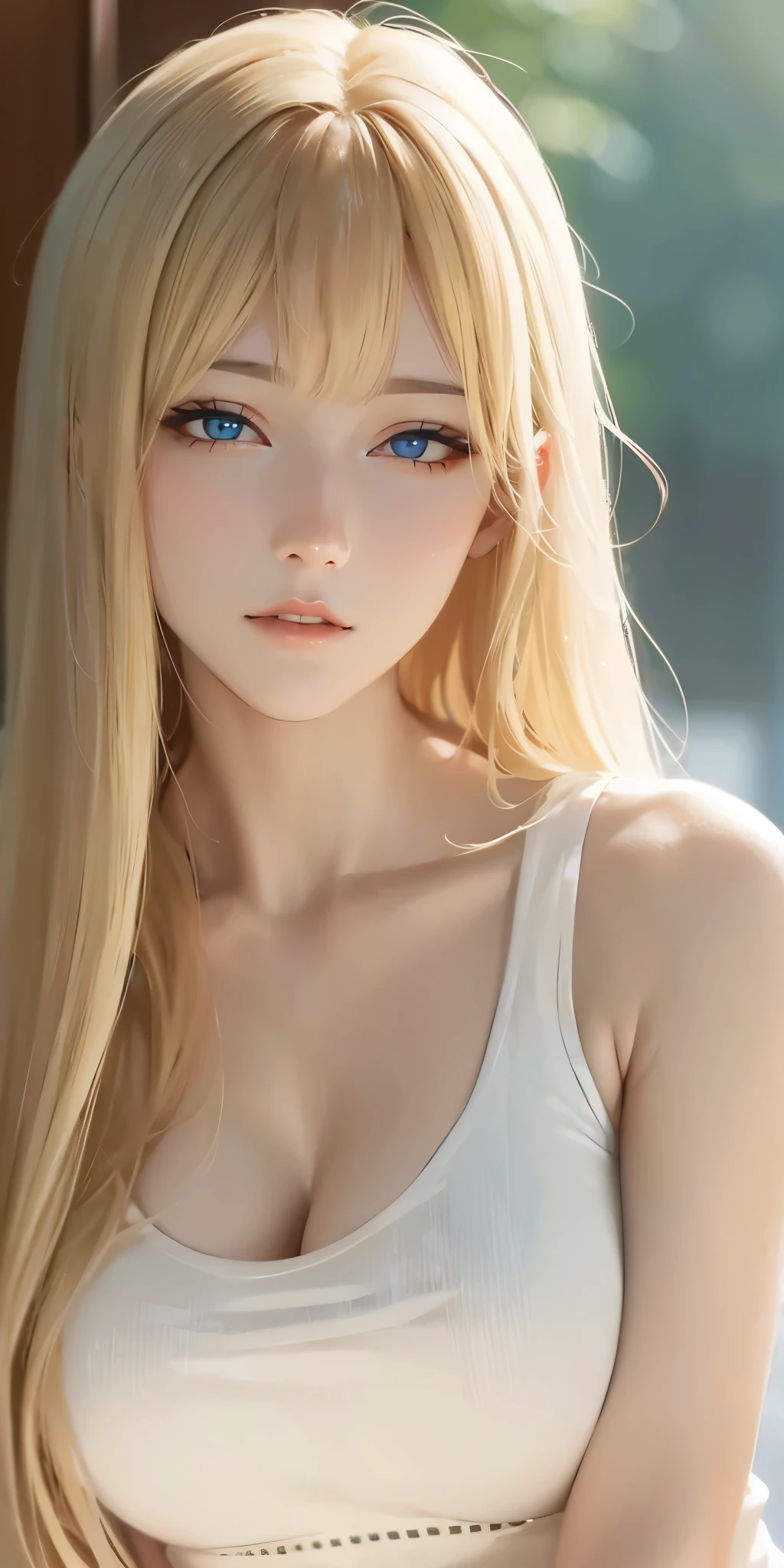 Elegant adult woman, blonde hair, long hair, bangs, tank top, cleavage, soft light, high quality, 4k resolution 