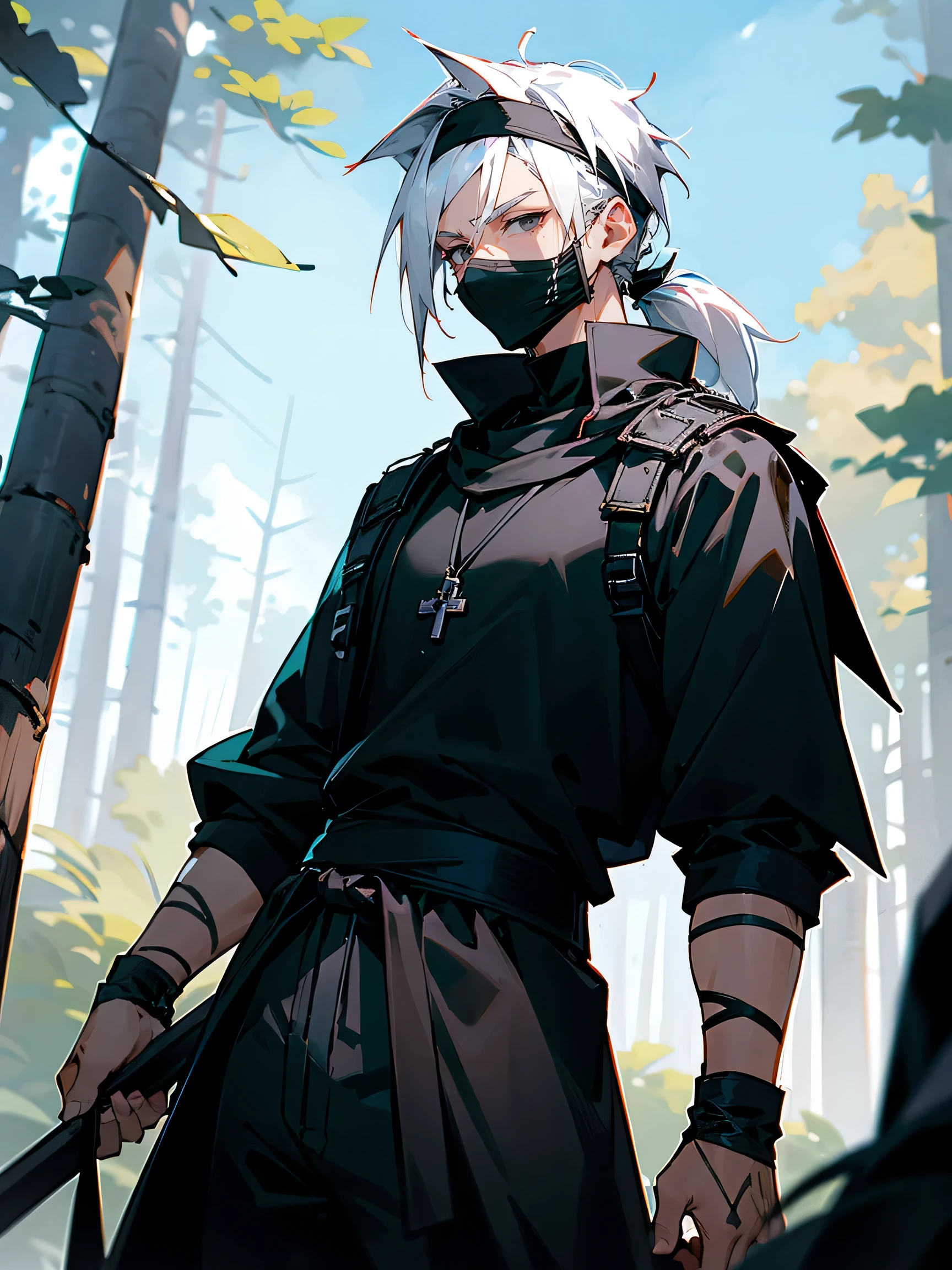 1male, adult, white hair. spiky hair, pony tail hair, black headband, black eyes, black mask, scar across eye, lean build, black sweatshirt, brown military vest, black baggy pants, sky blue poncho, chill expression, forest, day time, 